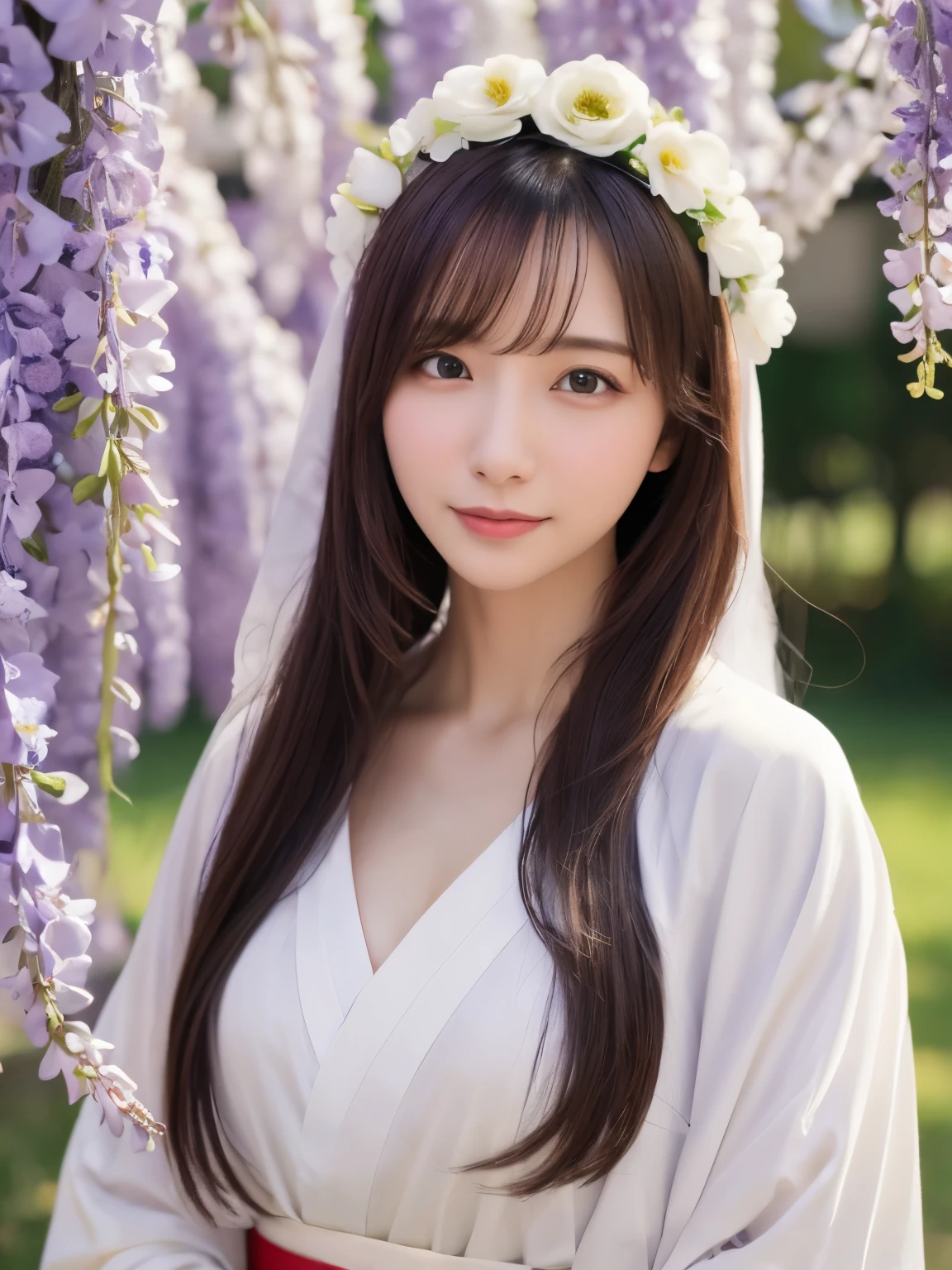 ((Realistic photos:1.3)),((Super detailed)),((sharp:1.5)),1 girl, alone, 櫻flower, flower見, white flower, white flower, Spring, Wisteria, flower瓣, flower, 梅flower, outdoor, falling flower瓣, Dark Eyes, Completely naked, Purple hair,(Hanfu), Kimono-specific head shapes and headgear,whole body,Medium chest,Beautiful breasts