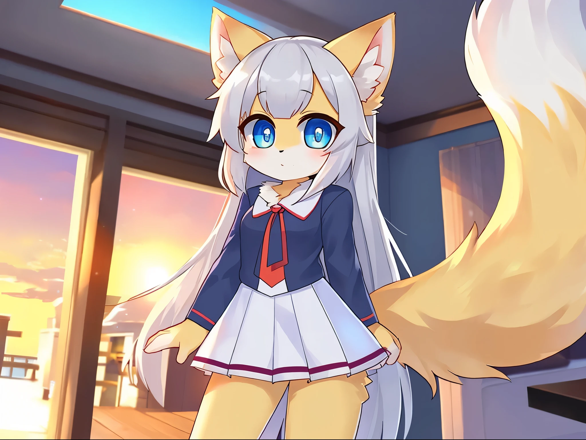 anthro female cat，short  skirt，long whitr hair，eyes with brightness，in a panoramic view，focal point。Detailed background enhancement（0.7），solo，Furry fortification，Furry female，female focus，anthr，Fluffy tail all over，eBlue eyes，Yellow-fur，Long gray hair，The fur has white stripes on it，Small and cute strengthened，Long canids strengthened（1.2），interiors、by @KSuzhii