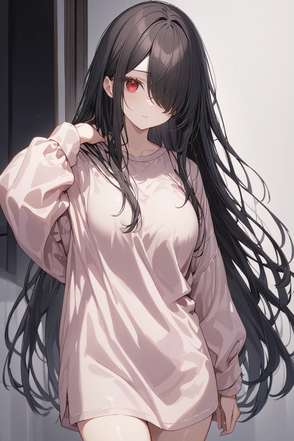 Cowboy Shot, 1girl, Solo, Looking at viewer, Shy, Cute, Red Eyes, Empty Eyes, Expressionless Eyes, Black Hair, Very Long Hair, Straight Hair, ((Hair Over One Eye, Swept Bangs:1.5)), Petite, Large breasts, Pale Skinned, Slender, Curvy, (Red oversized shirt, Thighs), Standing, White Background, Simple Background, Cinematic Lighting, Masterpiece, 4K, Best Quality, High Resolution, Accurate, Award Winning, (SuperQuality:1.0) ~ (SuperQuality:1.2)