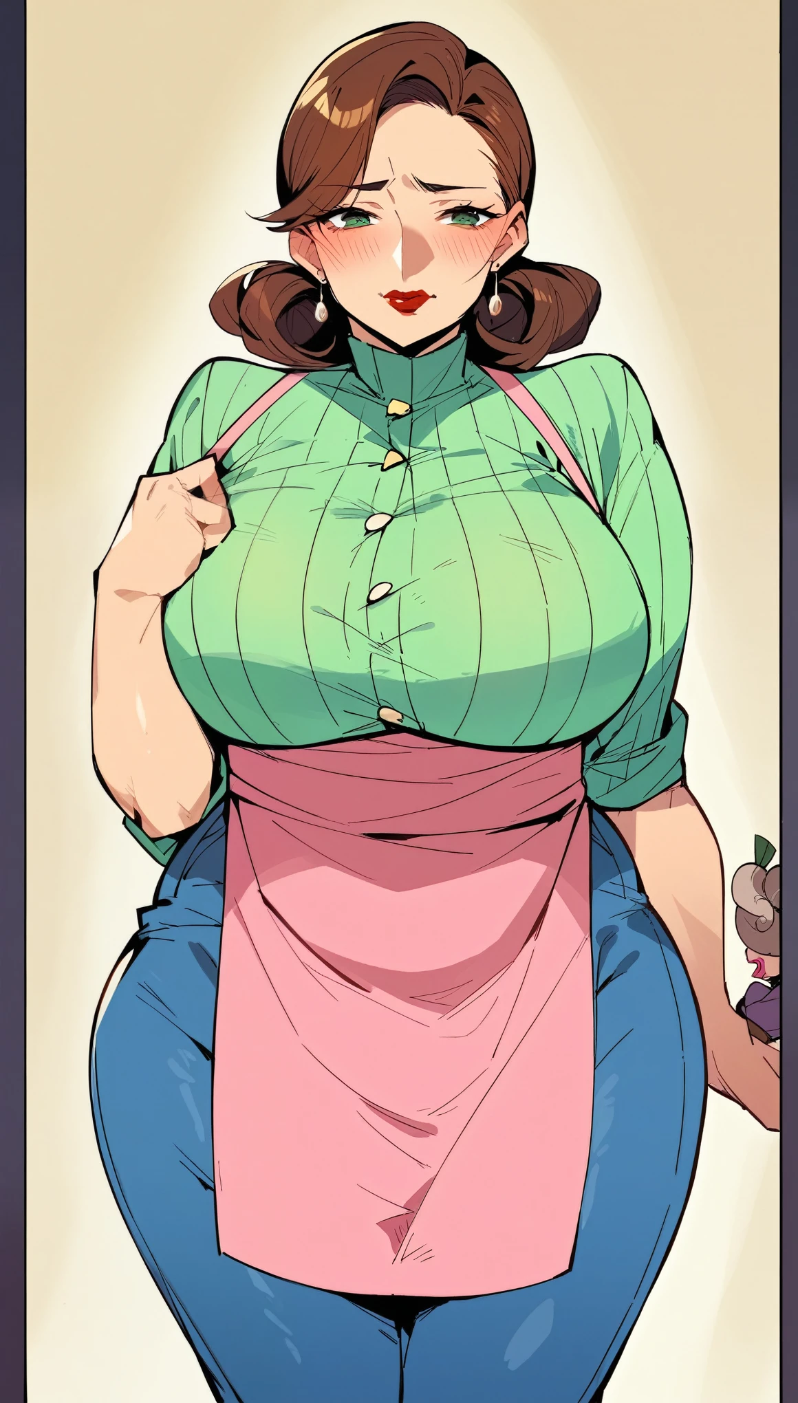 Torino kazami, color anime, Turin weather vane, (large breasts), Wide hips, thick thighs, Plump, beautiful woman, brown hair, collected, lipstick, Puppet, Light green shirt, Pink apron, Blue jeans, cowboy shot, blush, big and voluptuous body, showing his whole body in full background, very well detailed, best quality, Milf