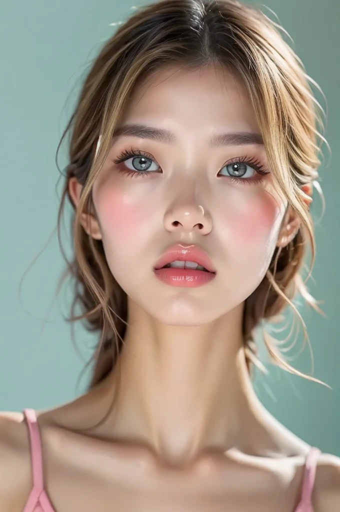 Realistic portrait photography of a woman with long hair,Accurately depict the top of the head、Emphasise the definition of the lips、Big Mouth,Moist pink lips、Thick and plump lips、Clear lip balm for shiny lips、A pale pink lip balm applied far beyond the lip line、neck vain,Wearing a sports bra