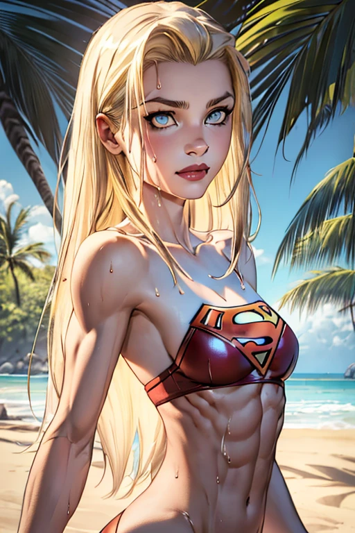 Supergirl,surfing, light blonde,very long wet hair,voluminous floaty parted in the middle bangs, slim face,blonde eyelashes,big blue eyes,big dilated black pupils,dark eyeliner,small nose,light pink thin lips, slim arms,firm breasts,thin complexion,skinny,ripped eight-pack abs,slim waist,bubblebutt,thigh gap,muscular legs, ((best anatomy,detailed masterpiece,high contrast,beautiful face,score_9,score_8_up,score_7_up,ultra detailed,beautiful face,highres BREAK,HDR)), wet skin,sideboob,underboob,cameltoe,slingshot monokini, jungle near a beach background, SUPERGIRL and a second short petite blonde girl, abs focus,2 pale blonde girls of different heights