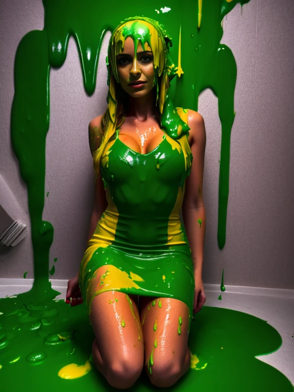 one surprised attractive ginger woman covered in green and yellow slime. (slime all over the girl's head, hair, clothes, legs, hands and arms), wearing a sexy black neckholder dress, stunned, super detailed, extreme realism, photo realistic, wet and messy fetish, 1 girl, green and yellow slime, (masterpiece:1.3), (best quality:1.3), photorealistic, ultra-detailed, highres, high-quality textures, high-quality shadows, high quality texture shading, lighting shaders, ambient occlusion, volumetric lighting, cinematic lighting