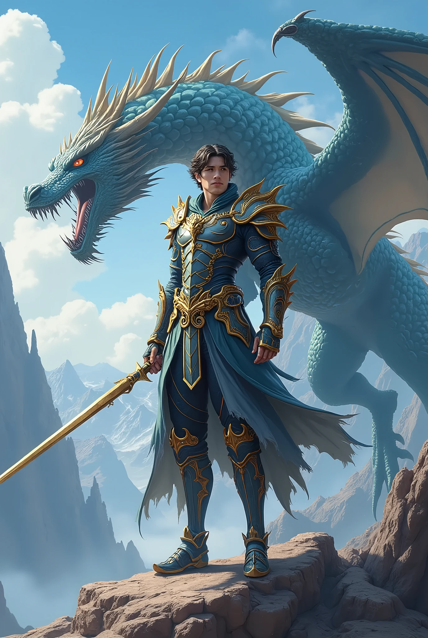 Man befriends with Blue Dragon,Dragons surround men,The man's eyes shone with golden light,Silver hair,Gold jewelry,A detailed