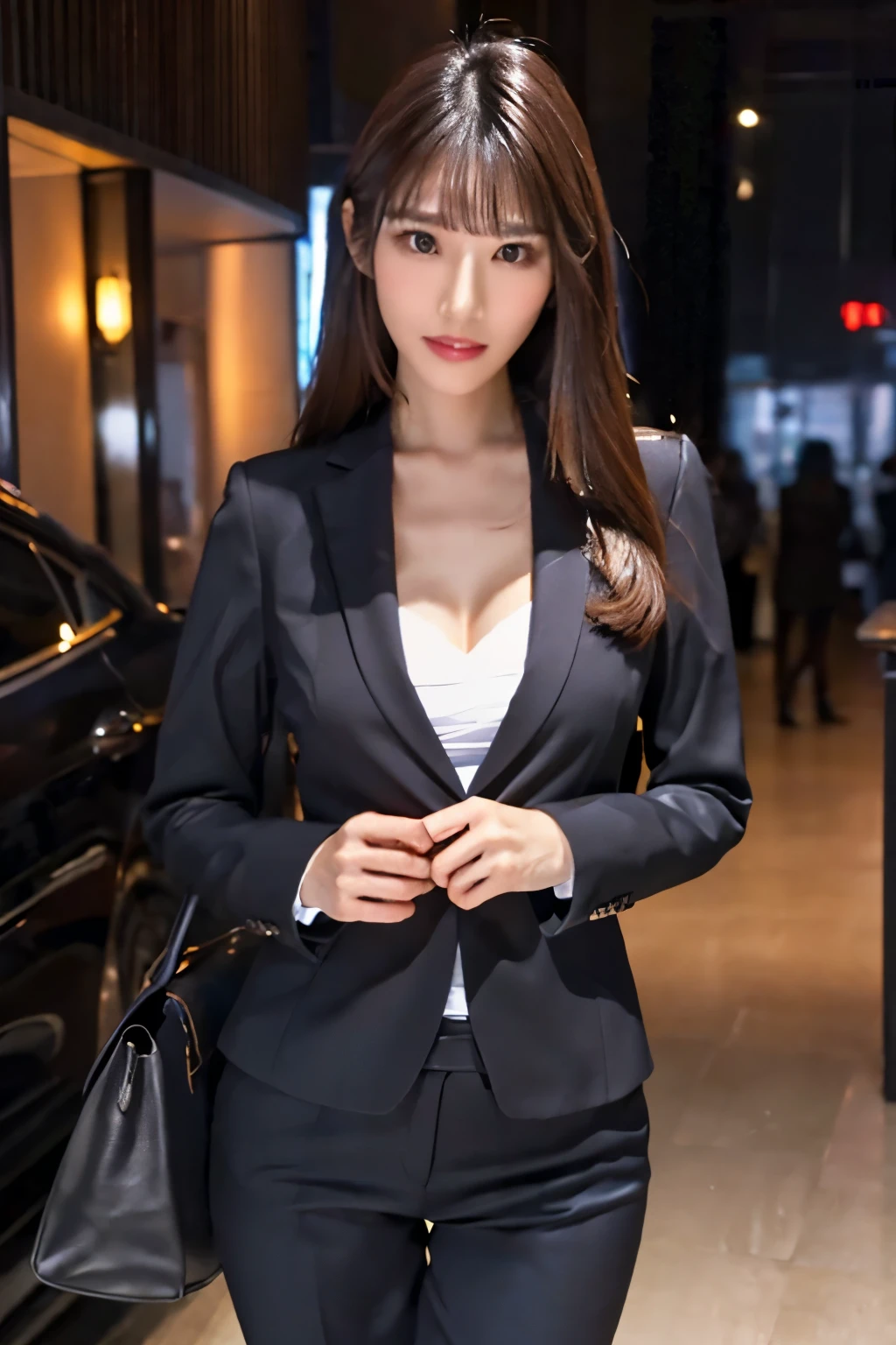 (masterpiece, best quality, high resolution), 1 beautiful woman, slender, tall, perfect proportions, highly detailed beautiful face, detailed background, super detailed, large breasts, beautiful asian woman, (business suit), long black hair, office