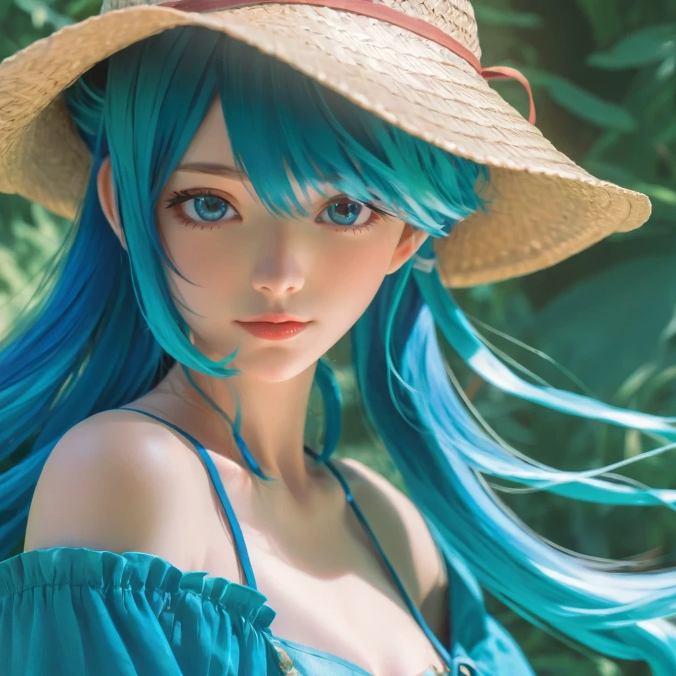 anime girl with blue hair wearing a straw hat and a blue dress, artwork in the style of guweiz, beautiful anime portrait, guweiz, beautiful anime girl, beautiful anime style, anime girl with teal hair, anime style. 8k, in the art style of bowater, beautiful digital illustration, beautiful character painting, stunning anime face portrait