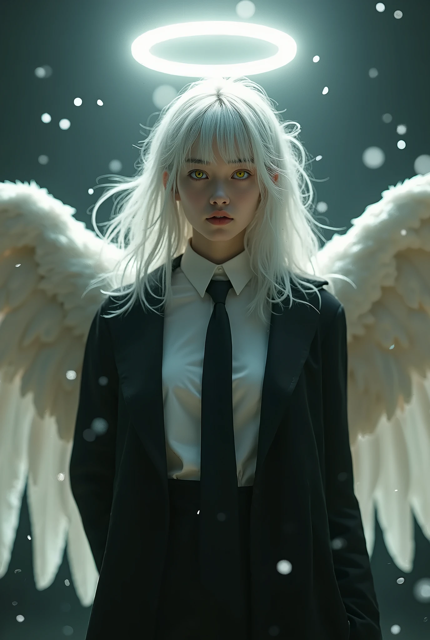 (masterpiece, the best quality:1.3), (ultra detailed:1.3), 1 girl, Alone, (by white, Messy hair, Long hair), (angel wings, Angel halo), flat chest, yellow eyes, (white shirt, black tie, black coat, open coat), COWBOY SHOT, cinematic lighting, (((Bright light particles))), (arms behind the back), dynamic angle,