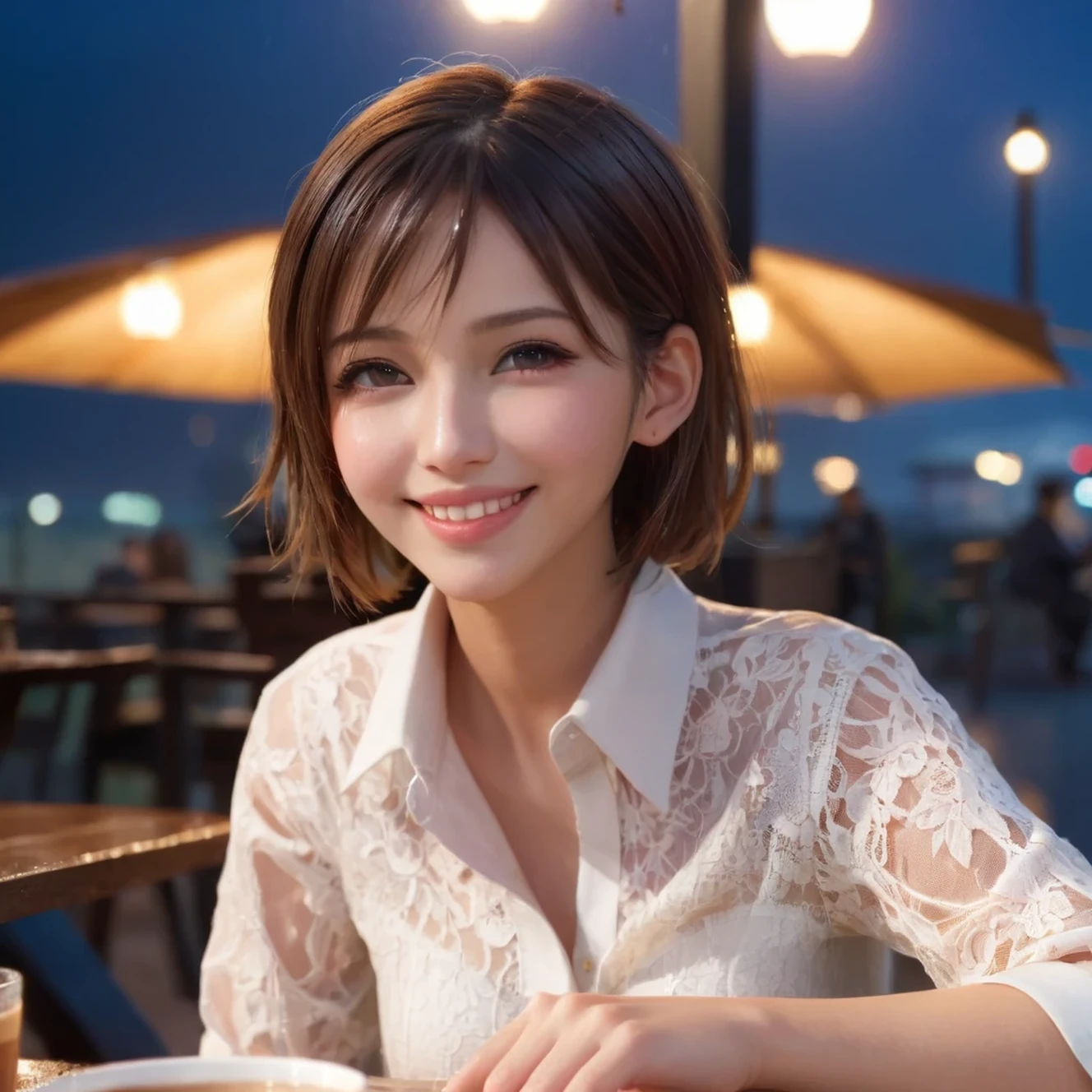 (8k, Best Quality, Masterpiece: 1.2), (Realistic, Photorealistic: 1.37), Super Detailed, 1 Girl, Cute, Alone, Beautiful Detailed Sky, Detailed Cafe, Night, Sitting, Date, ( Nose blush), (smile: 1.15), (close mouth) small breasts, beautiful details, (collared shirt: 1.1), night, wet, business wear, rain, white lace, (short hair: 1.2), floating Hair NovaFrogStyle,