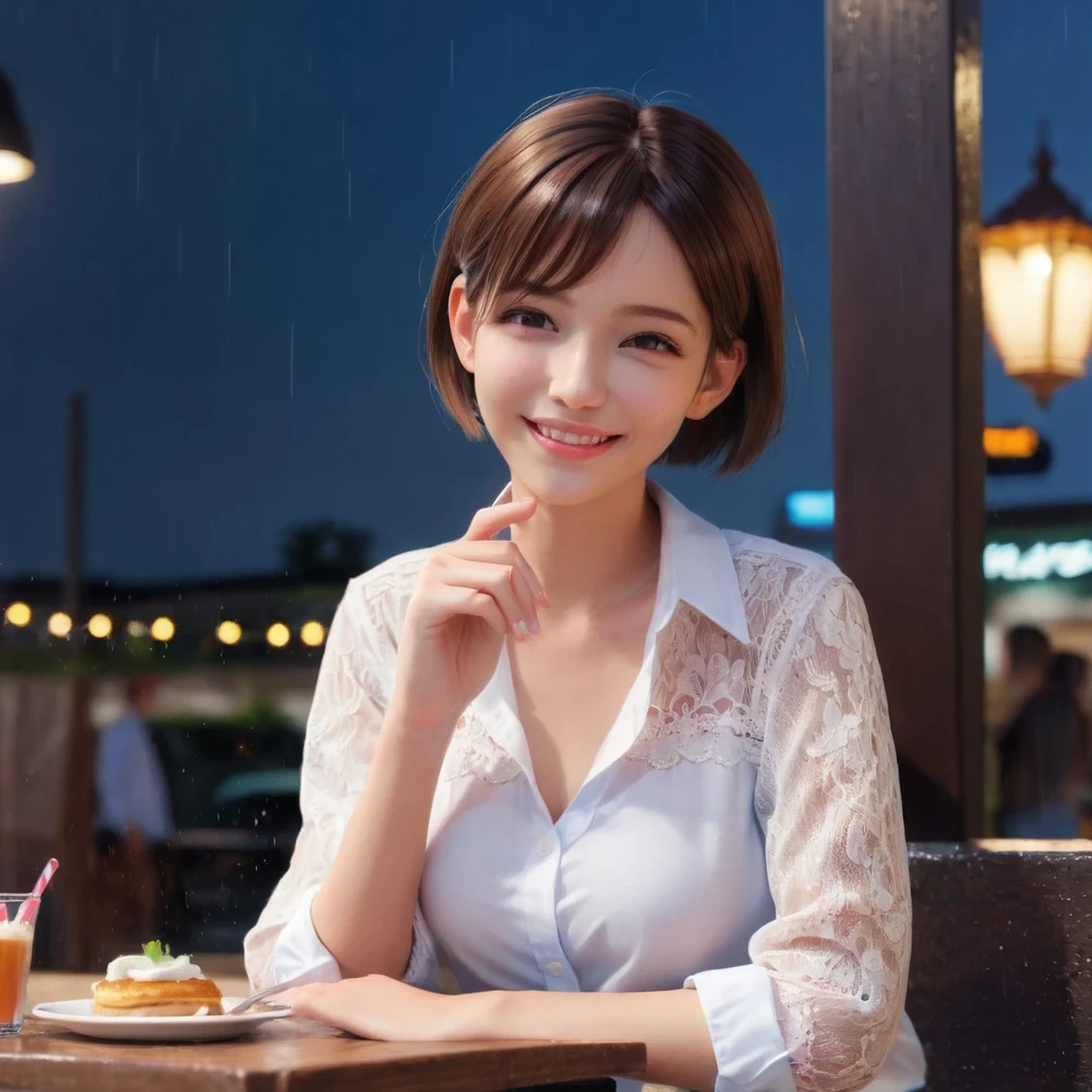 (8k, Best Quality, Masterpiece: 1.2), (Realistic, Photorealistic: 1.37), Super Detailed, 1 Girl, Cute, Alone, Beautiful Detailed Sky, Detailed Cafe, Night, Sitting, Date, ( Nose blush), (smile: 1.15), (close mouth) small breasts, beautiful details, (collared shirt: 1.1), night, wet, business wear, rain, white lace, (short hair: 1.2), floating Hair NovaFrogStyle,