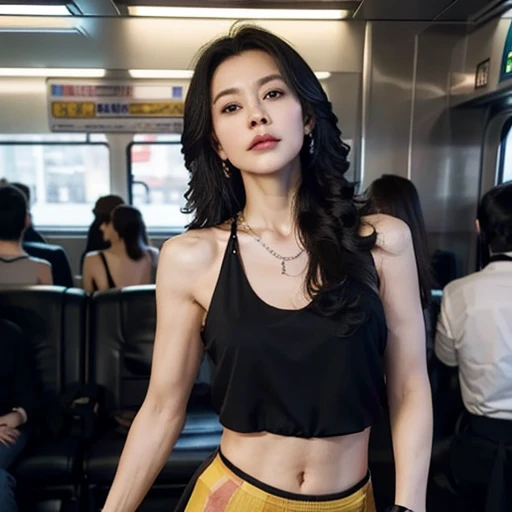 Subway Car Background,Watch the audience,Depth of written boundary, Bokeh,Under the light,(()) 1 topless girl， Deep V Transparent Skirt ,Huge breasts, Brown eyes,(Long Hair, Black Hair, curl:1.4, Ji Qi:1.4), Earrings and Necklaces,Pouting, photograph, masterpiece, Best Quality,High resolution, High resolution,Realistic details, Glowing Skin, Mature appearance, Sexy Body, Ample breasts, Perfect body, Wide Hips, Rich and colorful, Watch the audience, Surrealism, Showing off the muscles and emphasizing, watercolor, Traditional Media, (Chromatic Aberration, Intricate details), Dynamic pose,Dynamic Angle, 40,000, High resolution, High resolution,