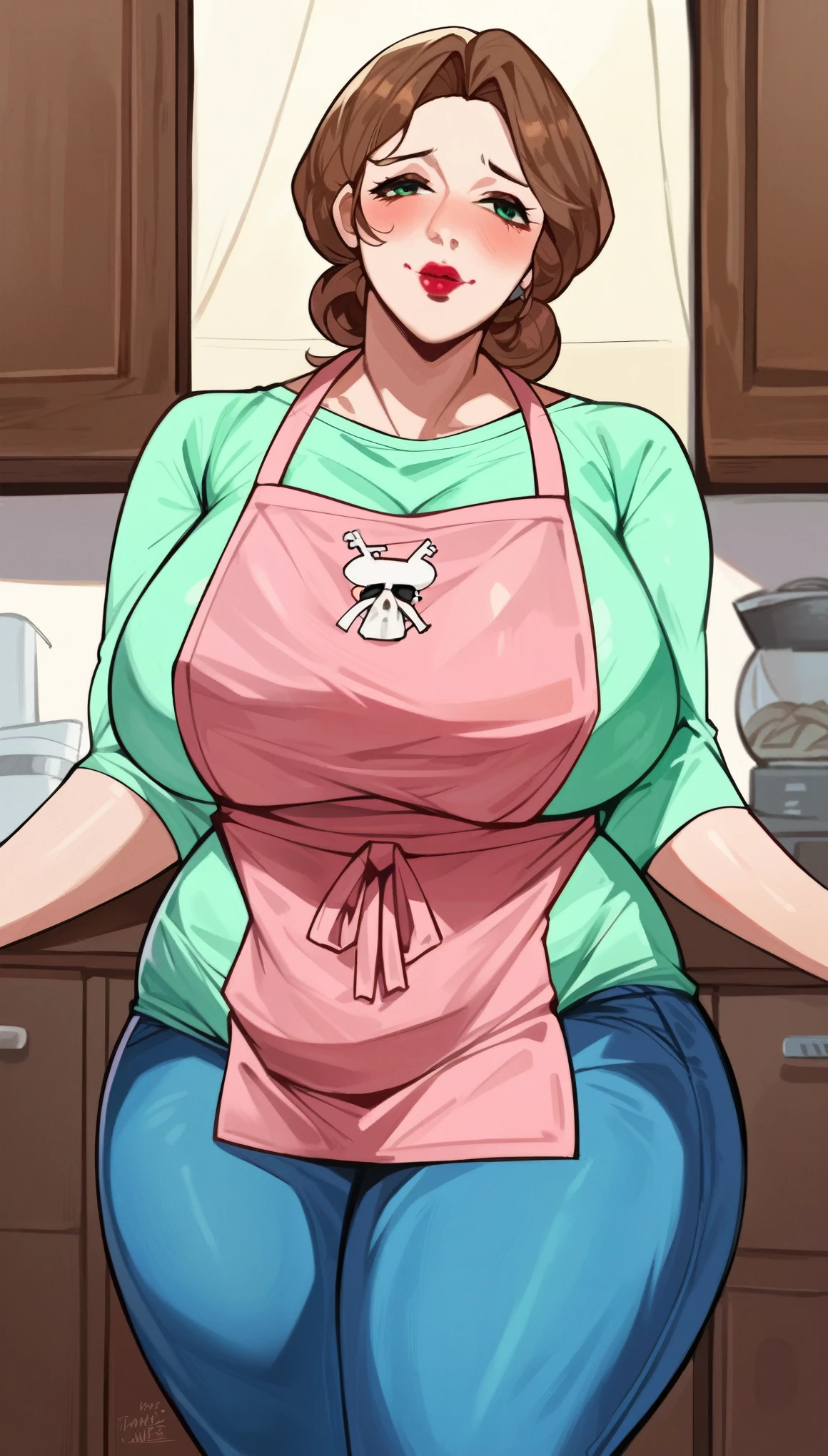 color anime, Turin weather vane, (large breasts: 1,4), Wide hips, thick thighs, Plump, mature woman, brown hair, collected, lipstick, Puppet, Light green shirt, Pink apron, Blue jeans, cowboy shot, blush, same as image model