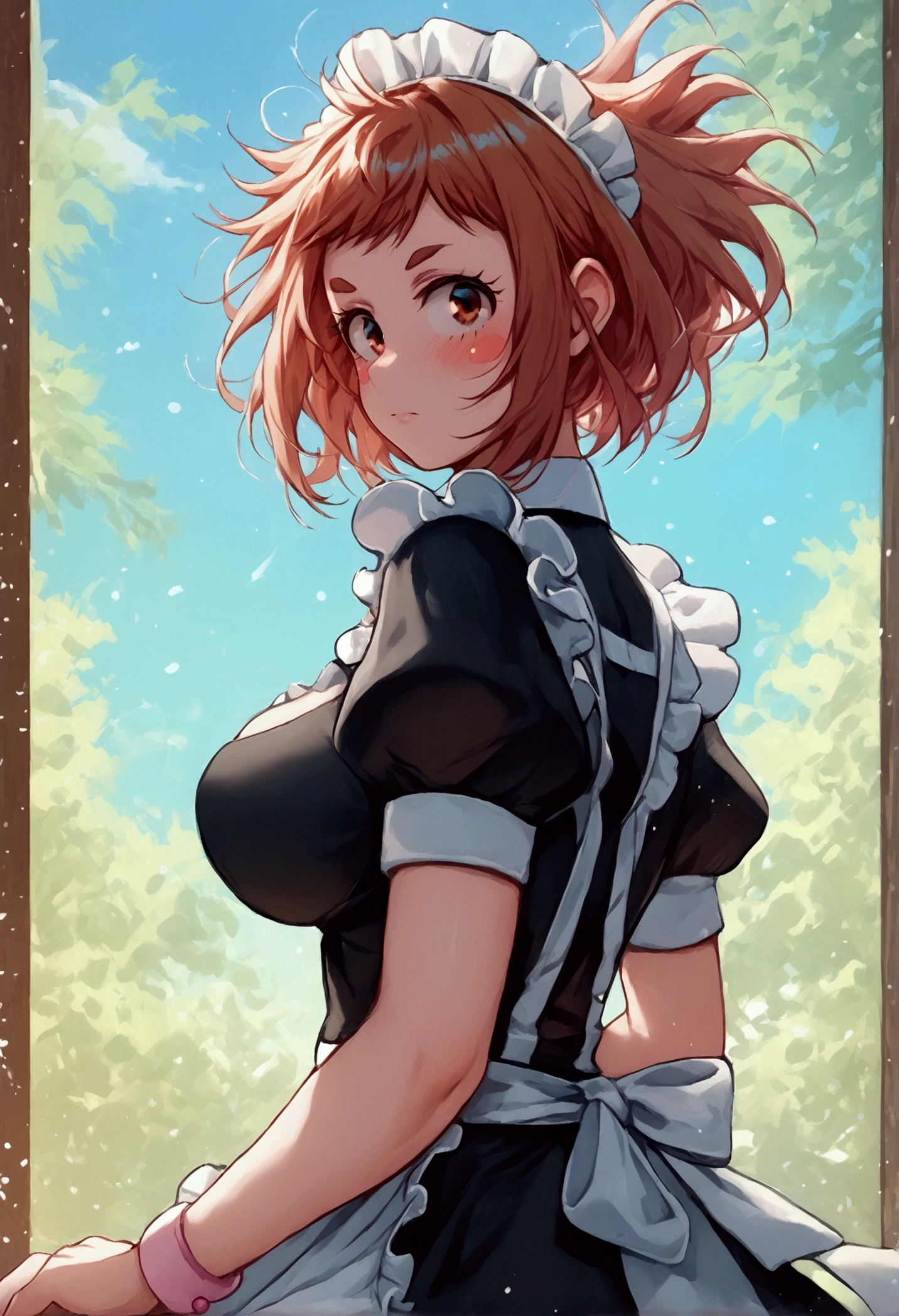 (Ochaco Uraraka),(is a short girl with a curvy figure, fair skin, and curly hair with eyes that match in color. She has perpetual pink blush on her cheeks, and her eyes are large and round with thick upper lashes, two longer and more prominent ones on either side, and fewer but more individually pronounced lower lashes. Her hair is shoulder-length with short bangs, and the style is rocked with two long strands framing her face. She has small, thick pads on the tips of her fingers, similar to the toes of an animal's paws), ( wearing),+,(\dressed as a maid, and the maid's outfit is super revealing on the back, I lowered the short skirt a lot, showing my legs, and a little of my panties, and the apron part at the back of the skirt is very low, and over the maid's uniform it looks like a very short and sensual bra, and she has a big butt and super big breasts, she is super busty and has a very big butt)/,