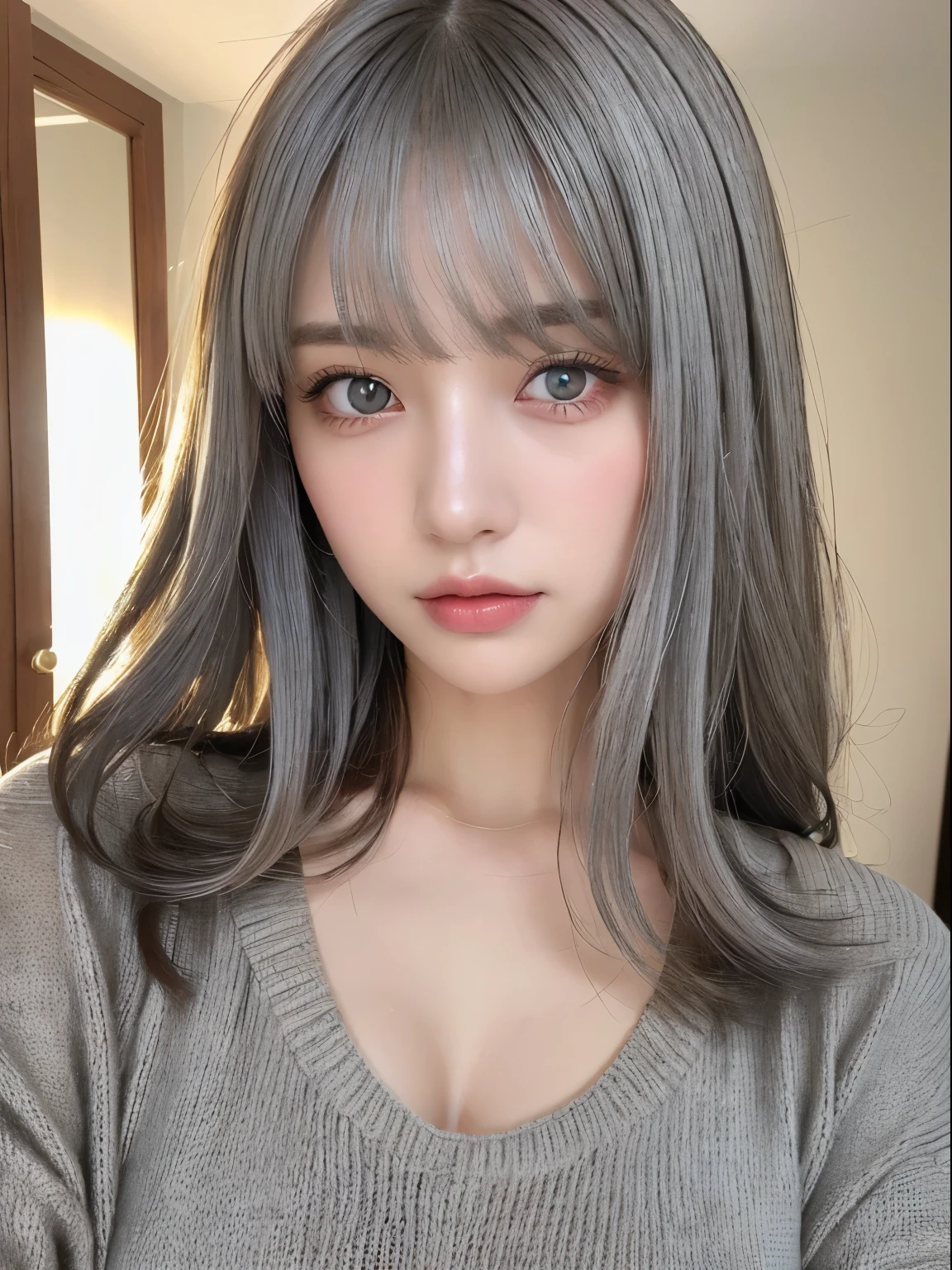 masterpiece, highest quality, 8K, absurd, (Full body view from the front:1.4), ((((beautiful white hair))))、((white haired japanese woman)))、(short wavy gray hair:1.5)、beautiful girl, pretty face, looking at the viewer, laughter, surreal, High resolution, picture, film grain, chromatic aberration, sharp focus, nffsw, face light, dynamic lighting, movie lighting, professional shadow, simple background, (dull gray background:1.4), most detailed, very detailed, super detailed, finely, real skin, delicate features, detailed face and eyes, sharp pupils、realistic student、(Korean、Japanese、Chinese:0.3)、((:1.3))、natural shading、((thin pubic hair))、K-POP idol)Calm and happy like a goddess、(((Breasts out、nipple)))、(((between strands、Merme)))、Look at the viewer with your whole body