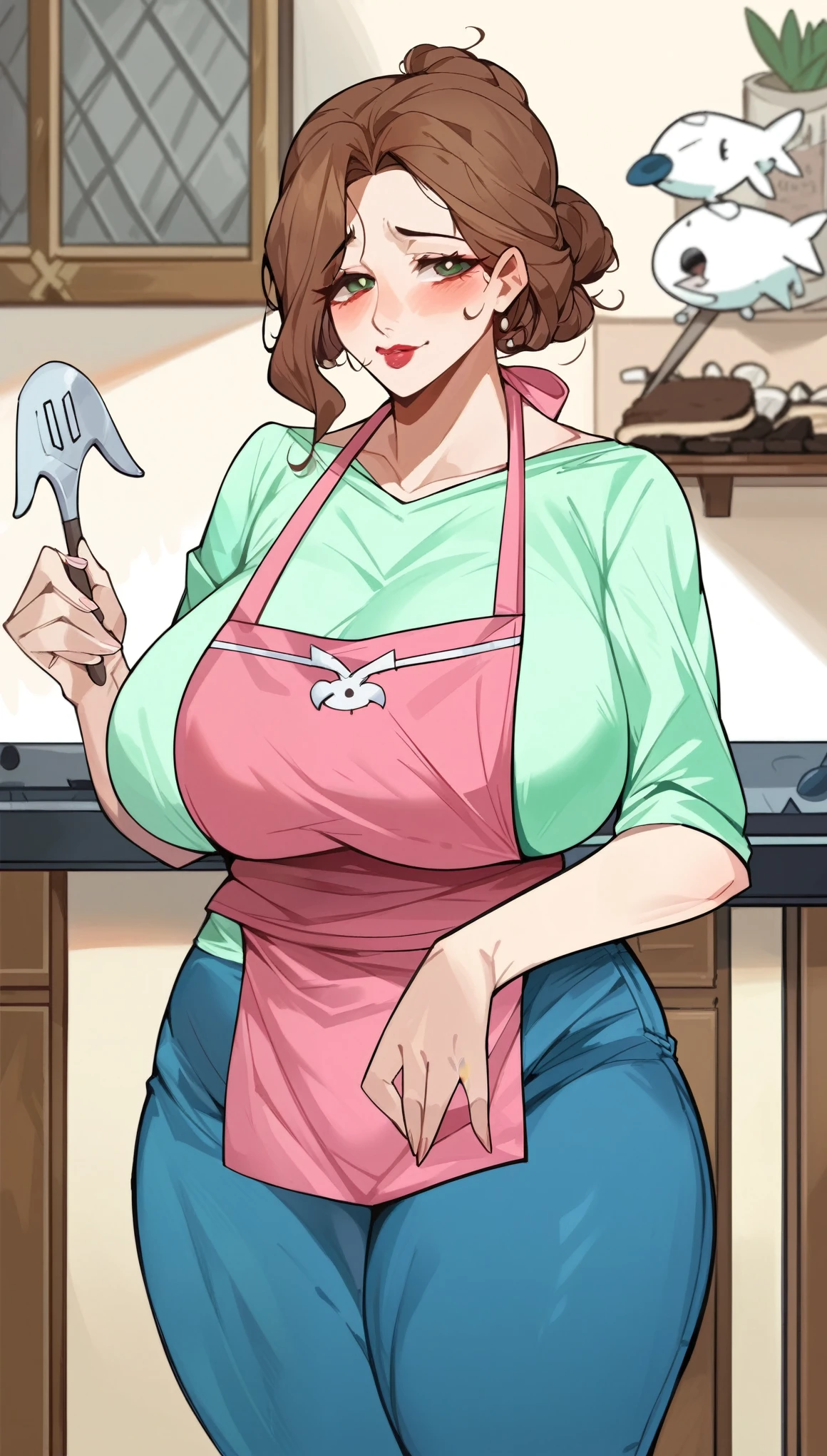 color anime, Turin weather vane, (large breasts: 1,4), Wide hips, thick thighs, Plump, mature woman, brown hair, collected, lipstick, Puppet, Light green shirt, Pink apron, Blue jeans, cowboy shot, blush, same as image model