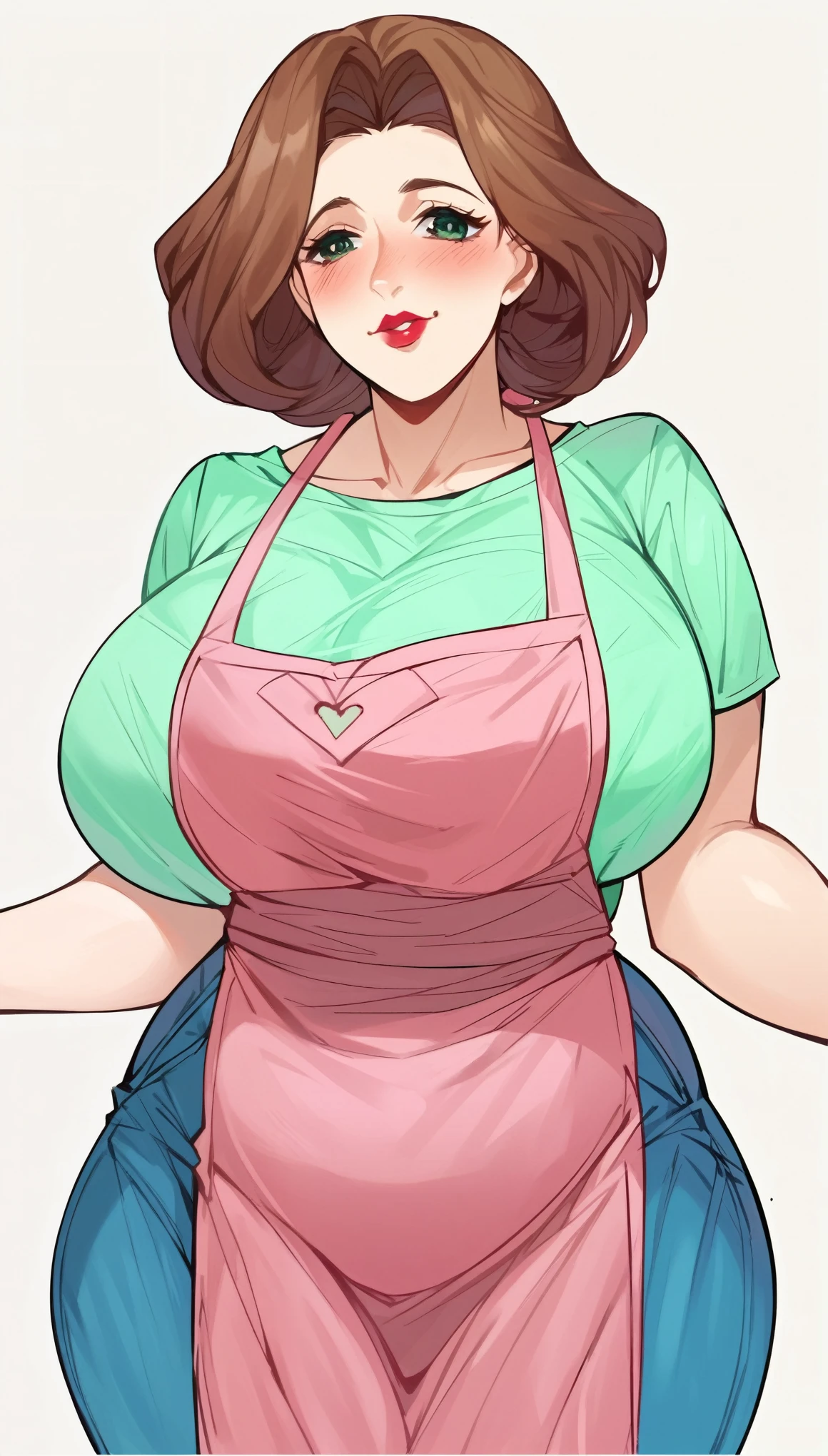 color anime, Turin weather vane, (large breasts: 1,4), Wide hips, thick thighs, Plump, mature woman, brown hair, collected, lipstick, Puppet, Light green shirt, Pink apron, Blue jeans, cowboy shot, blush, same as image model