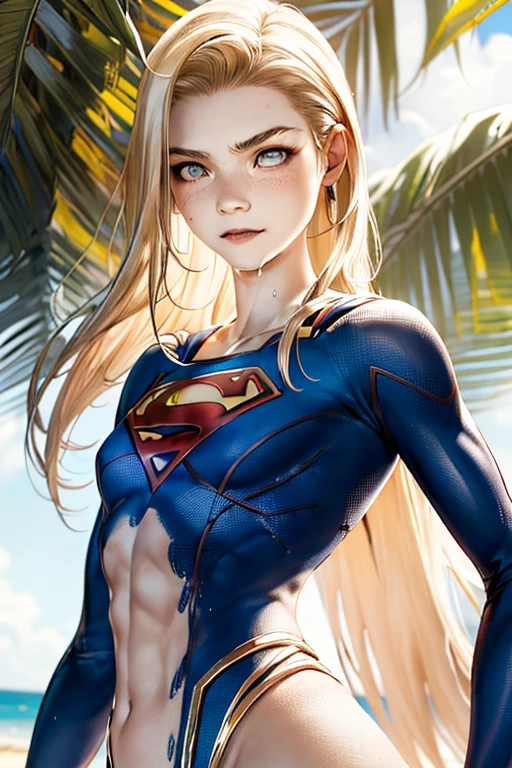 Supergirl,surfing, light blonde,very long wet hair,voluminous floaty parted in the middle bangs, slim face,blonde eyelashes,big blue eyes,big dilated black pupils,dark eyeliner,small nose,light pink thin lips, slim arms,firm breasts,thin complexion,skinny,ripped eight-pack abs,slim waist,bubblebutt,thigh gap,muscular legs, ((best anatomy,detailed masterpiece,high contrast,beautiful face,score_9,score_8_up,score_7_up,ultra detailed,beautiful face,highres BREAK,HDR)), wet skin,sideboob,underboob,cameltoe,slingshot monokini, jungle near a beach background, SUPERGIRL and a second short petite blonde girl, abs focus,2 pale blonde girls of different heights