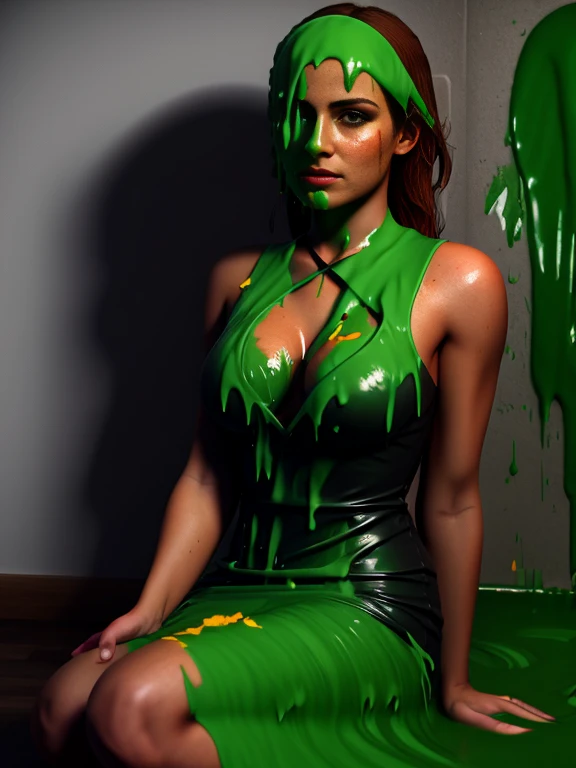 one surprised attractive ginger woman covered in green and yellow slime. (slime all over the girl's head, hair, clothes, legs, hands and arms), wearing a sexy black neckholder dress, stunned, super detailed, extreme realism, photo realistic, wet and messy fetish, 1 girl, green and yellow slime, (masterpiece:1.3), (best quality:1.3), photorealistic, ultra-detailed, highres, high-quality textures, high-quality shadows, high quality texture shading, lighting shaders, ambient occlusion, volumetric lighting, cinematic lighting