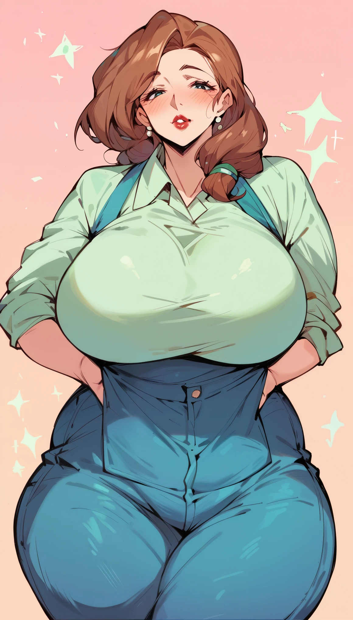 color anime, Turin weather vane, (large breasts: 1,4), Wide hips, thick thighs, Plump, mature woman, brown hair, collected, lipstick, Puppet, Light green shirt, Pink apron, Blue jeans, cowboy shot, blush