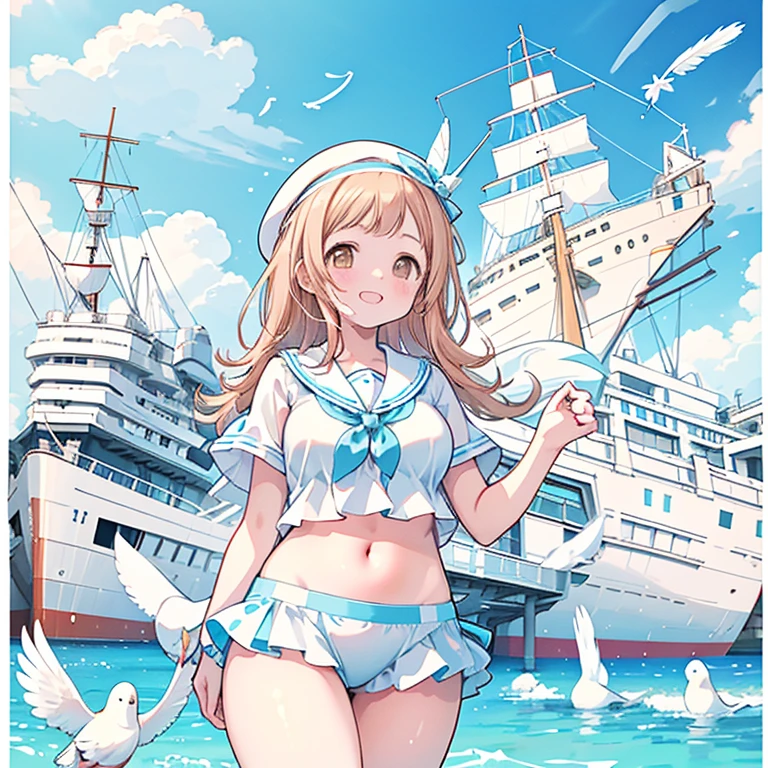 Sakuragi Mano, mega breasts, (white and light blue striped short pants bikini), cleavage, smile, Fluffy, Healing, (a white pigeon on head), ((feathers)), blush, calm atmosphere, summer, light blue sailor hat, white frill, orange and white polka dotted ribbon, light blue collar, gold hairpin, (((on a big ship))), brown eyes, medium hair,