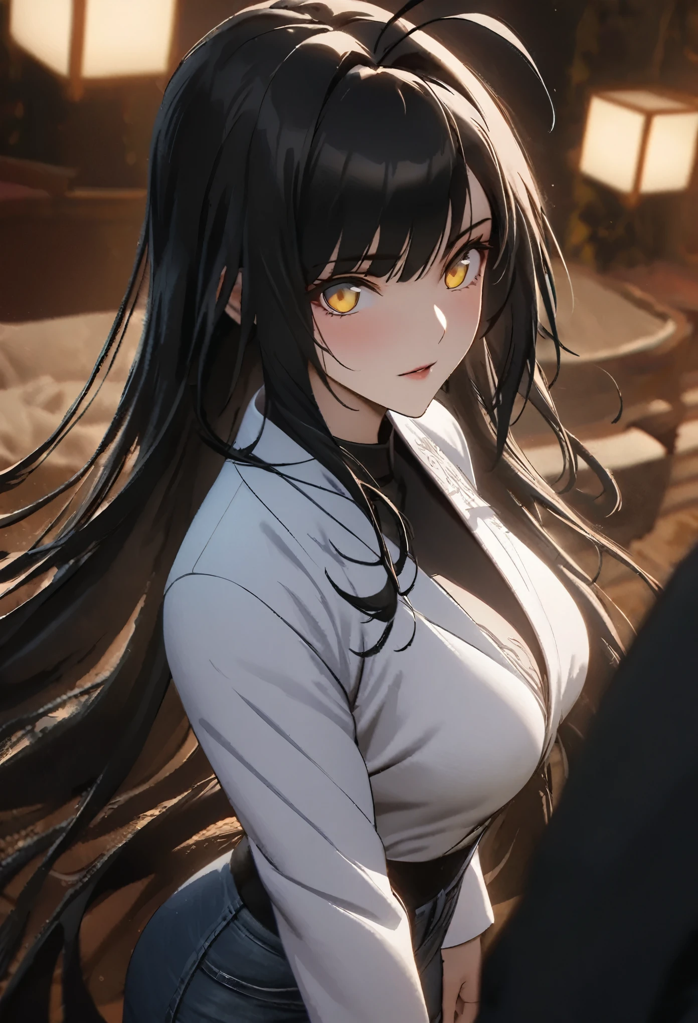 ((solo)), (woman), dark yellow eyes, black hair, long hair, straight hair, (mature), (adult), medium breasts, 2 woman, a close up of a person, detailed key anime art, casimir art, masamune shiro, masamune, beautiful girl in demon slayer art, heise jinyao, shadowverse style, (no logos), jeans pants, (fur jacket), black shirt, expressive hair, white clothes, shiny hair, ahoge, bangs, depth of field, cinematic lighting, ray tracing, depth of field, cinematic lighting, ray tracing, UHD, high details, best quality, highres, high quality, award winning, super detail, masterpiece, 8k, UHD, high details, best quality, highres, high quality, award winning, super detail, masterpiece, 8k
