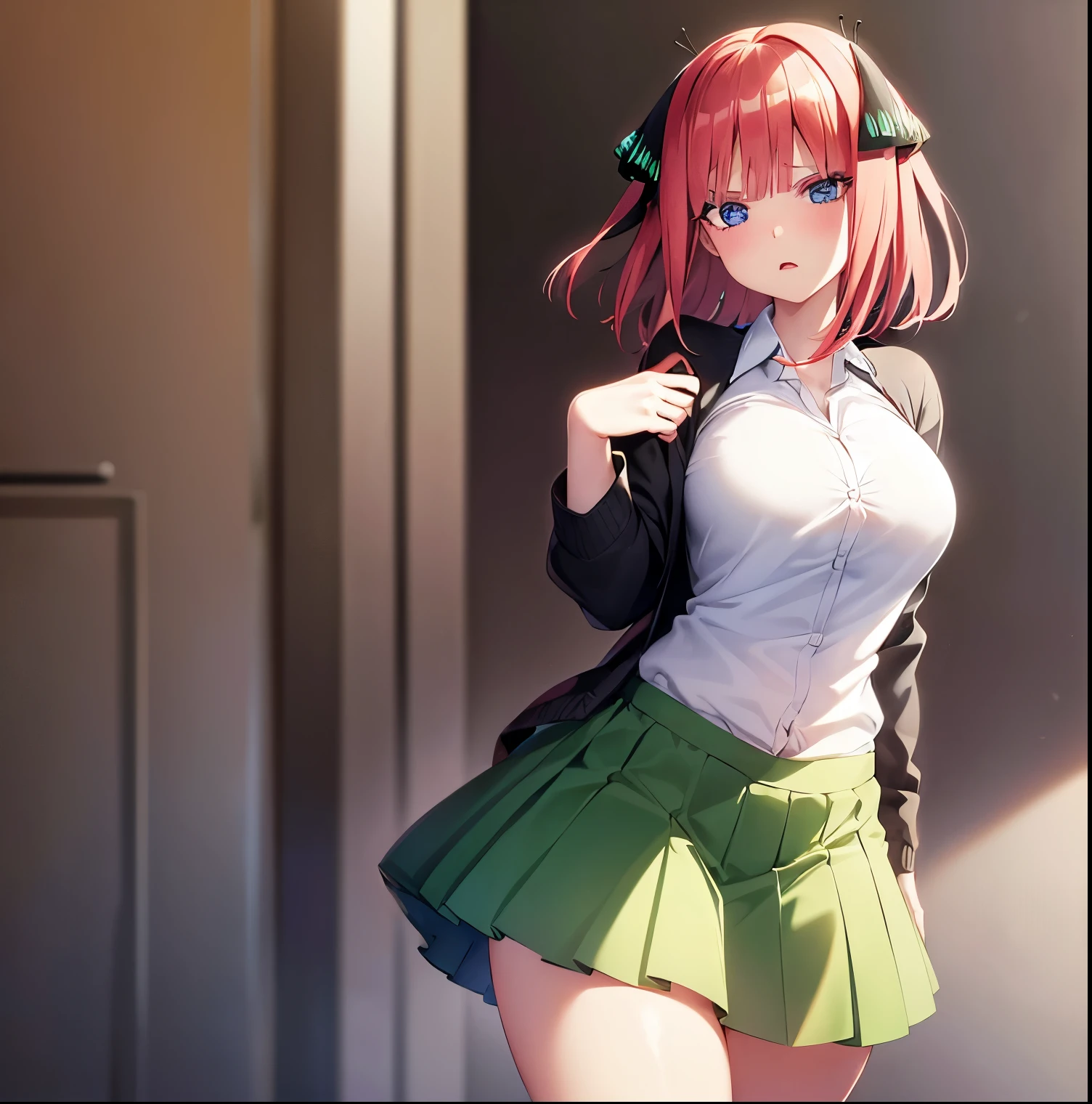 ((1girl)),((alone)), Nino nakano, \( go toubun no hanayome\),(masterpiece), (best quality), (ultra detailed), (best illustration), (best shadow), ( absurd), sharp focus, cowboy shot, atmospheric perspective, depth of field, dynamic posture, ((looking at viewer)), large breasts, narrow waist, wide hips, medium thighs, round butt, erotic, romantic, (highly detailed eyes, lips 1.1), highly detailed eyes, eyes, Highly detailed face, Very beautiful face, Symmetrical face, Aesthetic face, perfect face, perfect eyes, detailed eyelashes: 1.5), full height, beautiful figure thin, femininity, expressive appearance, elastic big breasts, sexuality, half-open lips, hair band, butterfly decorations: 1.3, short hair, hair pink:1.3, blue eyes, ((green skirt:1.3)), ((skirt short:1.2)), pleated skirt,(( white shirt:1.2)), ((white thighs:1.3)), long sleeves, ((black cardigan:1.4)), pointing at viewer, hand on hip, leaning forward, curves, defined body, perfect and beautiful body, perfect and beautiful, angry look, mouth closed,((serious expression)),blushing,(sexy pose: 1.2), standing :1.3,((only)),((, outside, cityscape, streets, city, buildings, clear sky, sunset)), Looking forward, ((focus on breasts:1.4)), point of view: (from middle), perfect anatomy, perfect hands