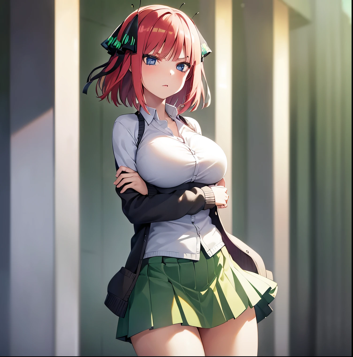 ((1girl)),((alone)), Nino nakano, \( go toubun no hanayome\),(masterpiece), (best quality), (ultra detailed), (best illustration), (best shadow), ( absurd), sharp focus, cowboy shot, atmospheric perspective, depth of field, dynamic posture, ((looking at viewer)), large breasts, narrow waist, wide hips, medium thighs, round butt, erotic, romantic, (highly detailed eyes, lips 1.1), highly detailed eyes, eyes, Highly detailed face, Very beautiful face, Symmetrical face, Aesthetic face, perfect face, perfect eyes, detailed eyelashes: 1.5), full height, beautiful figure thin, femininity, expressive appearance, elastic big breasts, sexuality, half-open lips, hair band, butterfly decorations: 1.3, short hair, hair pink:1.3, blue eyes, ((green skirt:1.3)), ((skirt short:1.2)), pleated skirt,(( white shirt:1.2)), ((white thighs:1.3)), long sleeves, ((black cardigan:1.4)), pointing at viewer, hand on hip, leaning forward, curves, defined body, perfect and beautiful body, perfect and beautiful, angry look, mouth closed,((serious expression)),blushing,(sexy pose: 1.2), standing :1.3,((only)),((, outside, cityscape, streets, city, buildings, clear sky, sunset)), Looking forward, ((focus on breasts:1.4)), point of view: (from middle), perfect anatomy, perfect hands
