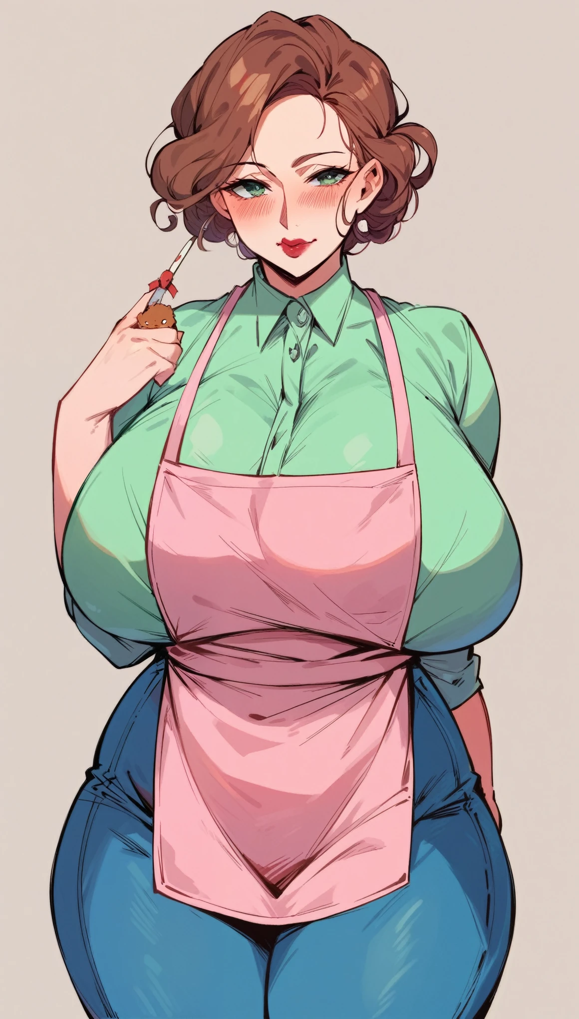 color anime, Turin weather vane, (large breasts: 1,4), Wide hips, thick thighs, Plump, mature woman, brown hair, collected, lipstick, Puppet, Light green shirt, Pink apron, Blue jeans, cowboy shot, blush