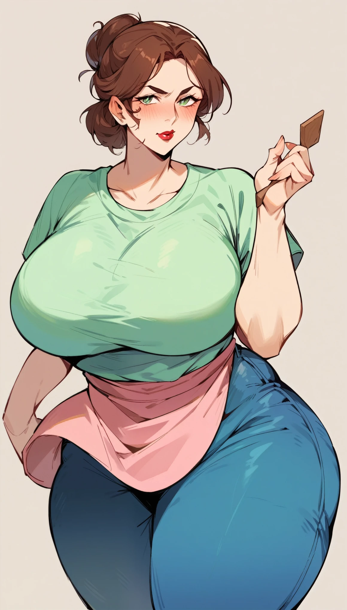 color anime, Turin weather vane, (large breasts: 1,4), Wide hips, thick thighs, Plump, mature woman, brown hair, collected, lipstick, Puppet, Light green shirt, Pink apron, Blue jeans, cowboy shot, blush