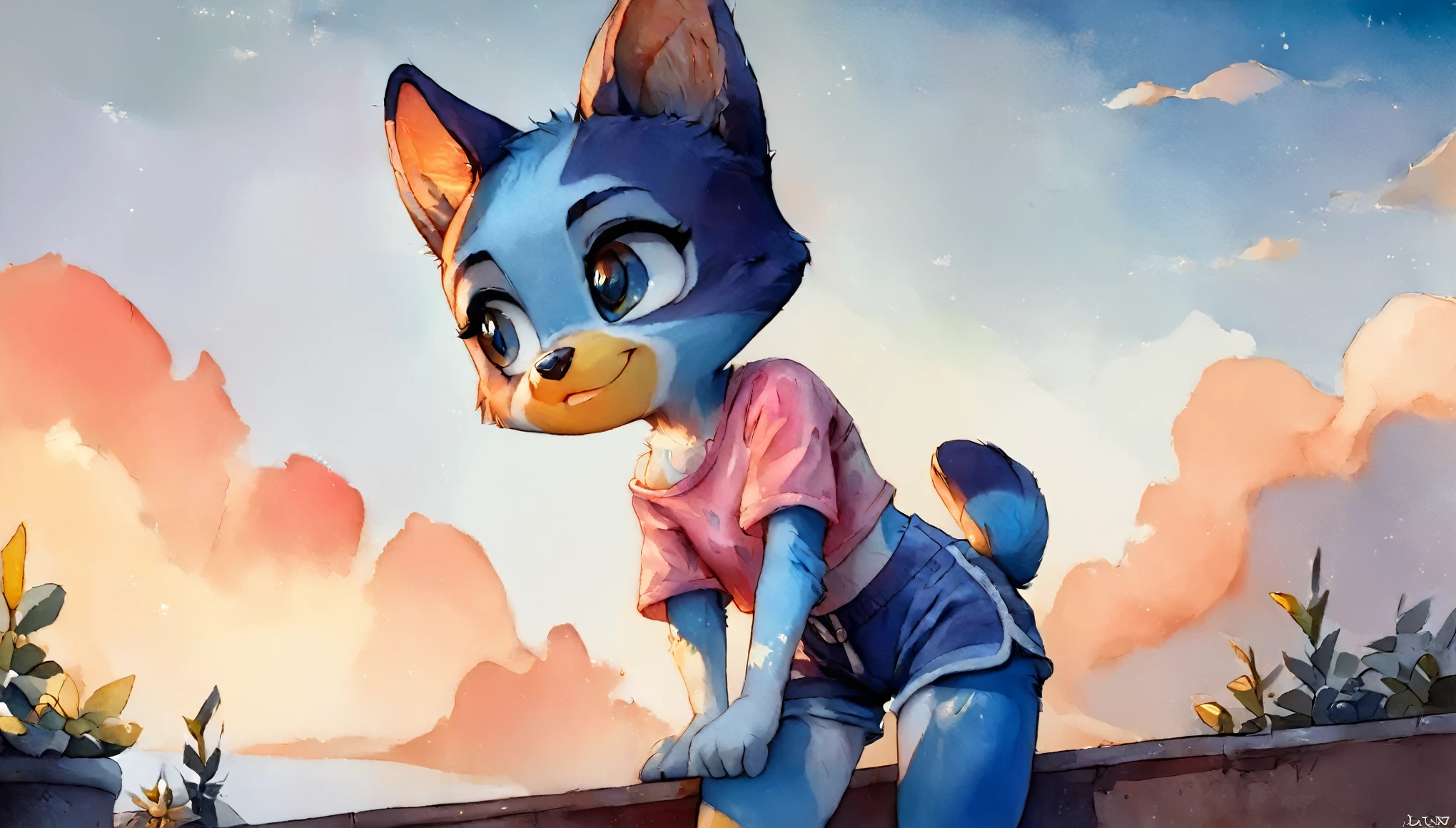 score_9, score_8_up, score_8, 1girl, source_cartoon, source_furry, watercolor style, wallpaper, blueyxl, bluey heeler, (boxchibi:0.2), (cub), girl, cowboy shot, anthro, furry, tail, blue body, animal ears, flat shaded background, sky, day, cloud, blue sky, whimsical, mischievous, feminine, female, flat chest, (slender figure), (slim body), lolicon body, detailed fur texture, cute outfit, blue shorts, pink shirt, long sleeve, camel toe, (from behind), looking away from viewer, bendover, bending over, pose, curved back, 