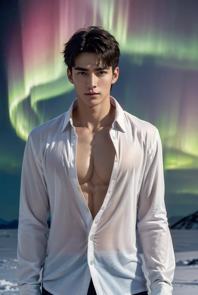 (masterpiece, high resolution, detailed:1.3), a mesmerizing depiction of a (strikingly handsome young man:1.2) donning (sleek and form-fitting thong, bulge:1.2), standing against the backdrop of the vast and mysterious cosmos. His (toned physique:1.2) is bathed in the soft glow of distant stars, creating an otherworldly aura. As he gazes out into the depths of space, his (intense blue eyes:1.2) reflect the wonder and curiosity of his cosmic journey. The intricate details of his attire and the (subtle gleam:1.2) on his skin are meticulously captured, lending an air of realism to the scene. The celestial expanse behind him is a tapestry of (nebulous formations:1.2), (dazzling galaxies:1.2), and (shooting stars:1.2), a breathtaking testament to the beauty of the universe. This artwork melds the allure of a beautiful man with the awe-inspiring vastness of space, evoking a sense of both intimacy and grandeur.