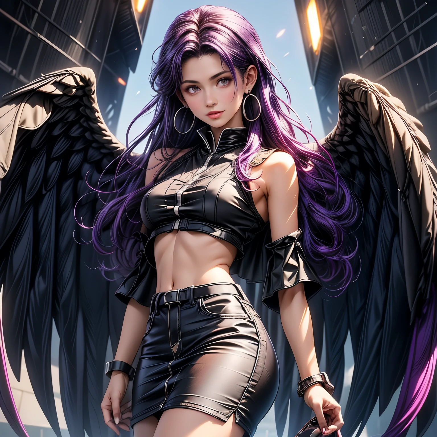 (masterpiece), best quality, 1girl, expressive eyes, perfect face, (purple hair), perfect anatomy, full body, 4k, HDR, full HD, solo, hyper_detailed), misato katsuragi, long flowing hair, purple hair, She wears a black spaghetti strap crop top with button details down the center and sheer white sleeves that fall from her shoulders to her wrists. The skirt is light blue, high waisted and has a ruffle design, with embroidered floral details at the bottom. The stockings are made of black lace and cover up to mid-thighs, adding a touch of texture to the outfit. The girl also wears hoop earrings.