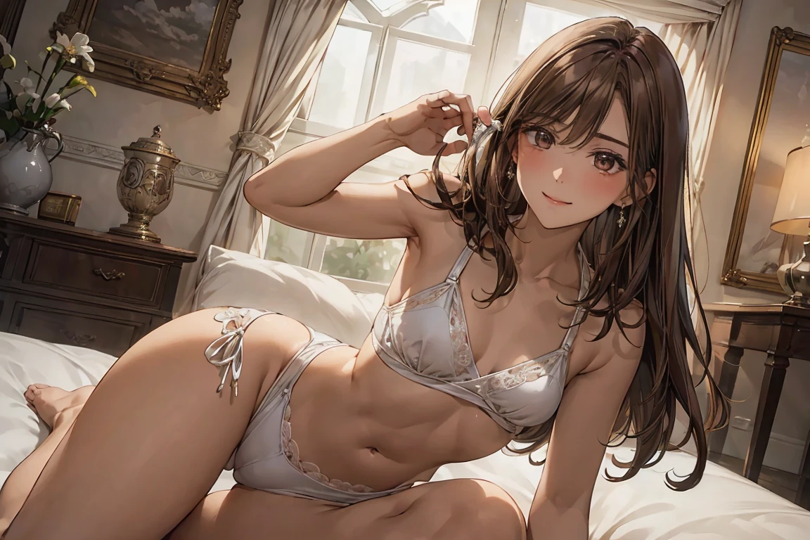 lifelike, 45mm, Super detailed, natural skin texture, Surrealism, There is a lovely woman, light brown hair, thin:1.3, small:1.3, Bikini, seduct smile, This pose is so cute and beautiful, The background is a traditional room, surrounded by warm and inviting colors. (flower), the room uses soft and soft lighting, Creates a romantic atmosphere. The warm tones and textures of the furniture and fabrics add a touch of comfort to the scene. Overall image quality reaches the highest standards, emphasizing ultra-detailed rendering and photorealistic effects. Vibrant colours, the lighting is soft and dynamic, enhancing the depth and dimensionality of the scene. [lifelike lighting], [vivid colors] and [soft and shadows] Contributes to overall visual appeal. The composition and framing of the scenes are carefully crafted and this is a masterpiece depicting the essence of romance with utmost realism and artistic skill.
