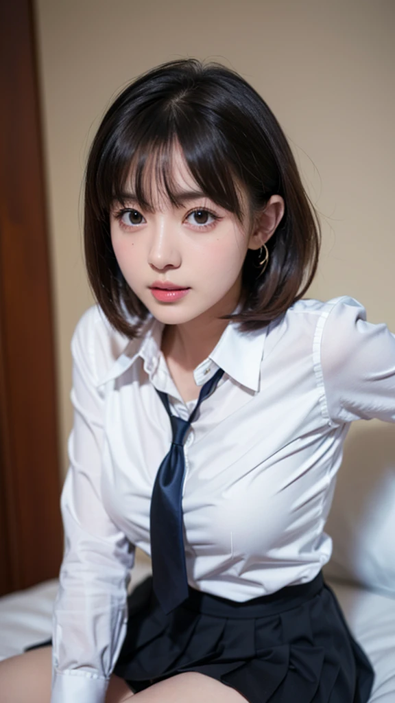 (Best Quality,4K,8K,hight resolution,masutepiece:1.2),Ultra-detailed,(Realistic,Photorealistic,Photorealsitic:1.37),Wet OL Setup Suit,knee high socks、Brown hair,Short hair,Cute face,ty、s Office,tight uniform that clings to wet skin,spreading legs,sexy underwear,Boldly spread your legs,Tight office casual attire,Sophisticated expression,Hidden in a white shirt,neck tie,((Huge bust bulging under shirt)),Vivid colors,Sparkling lighting,Photo Studio Lighting