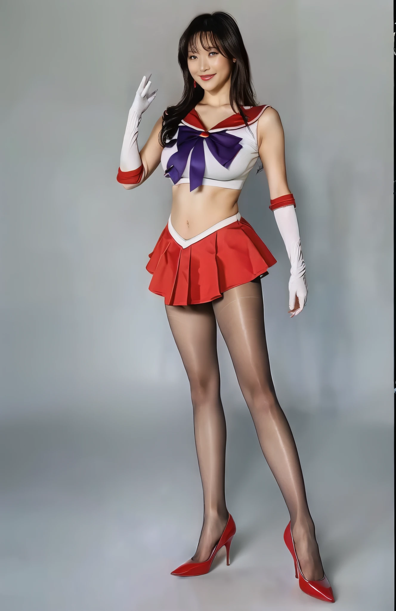 No background、(((Beautiful legs in tights.)))、(((Legally express the beauty of your smile)))、(((Wearing white gloves)))、((((Make the most of your original images)))、(((Sailor Mars Costume)))、(((Beautiful Hair)))、(((suffering)))、(((Please wear beige tights....、Please wear red heels)))、((Best Quality、8k))、((Best Quality、8k、masterpiece:1.3))、(((Save the background )))、Sharp focus:1.2、Beautiful woman with perfect figure:1.4、Slim Abs:1.2、Wet body:1.5、Highly detailed face and skin textures、8k