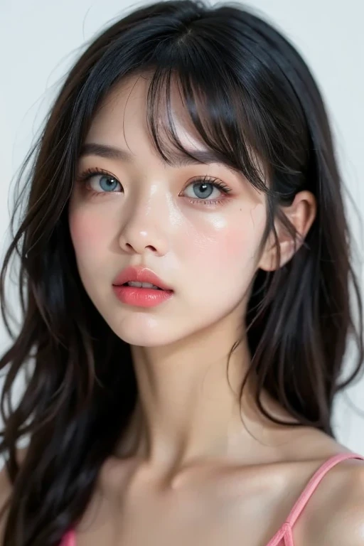 Realistic portrait photography of a woman with long hair,Accurately depict the top of the head、Emphasise the definition of the lips、Big Mouth,Moist pink lips、Thick and plump lips、Clear lip balm for shiny lips、A pale pink lip balm applied far beyond the lip line、Wearing a sports bra