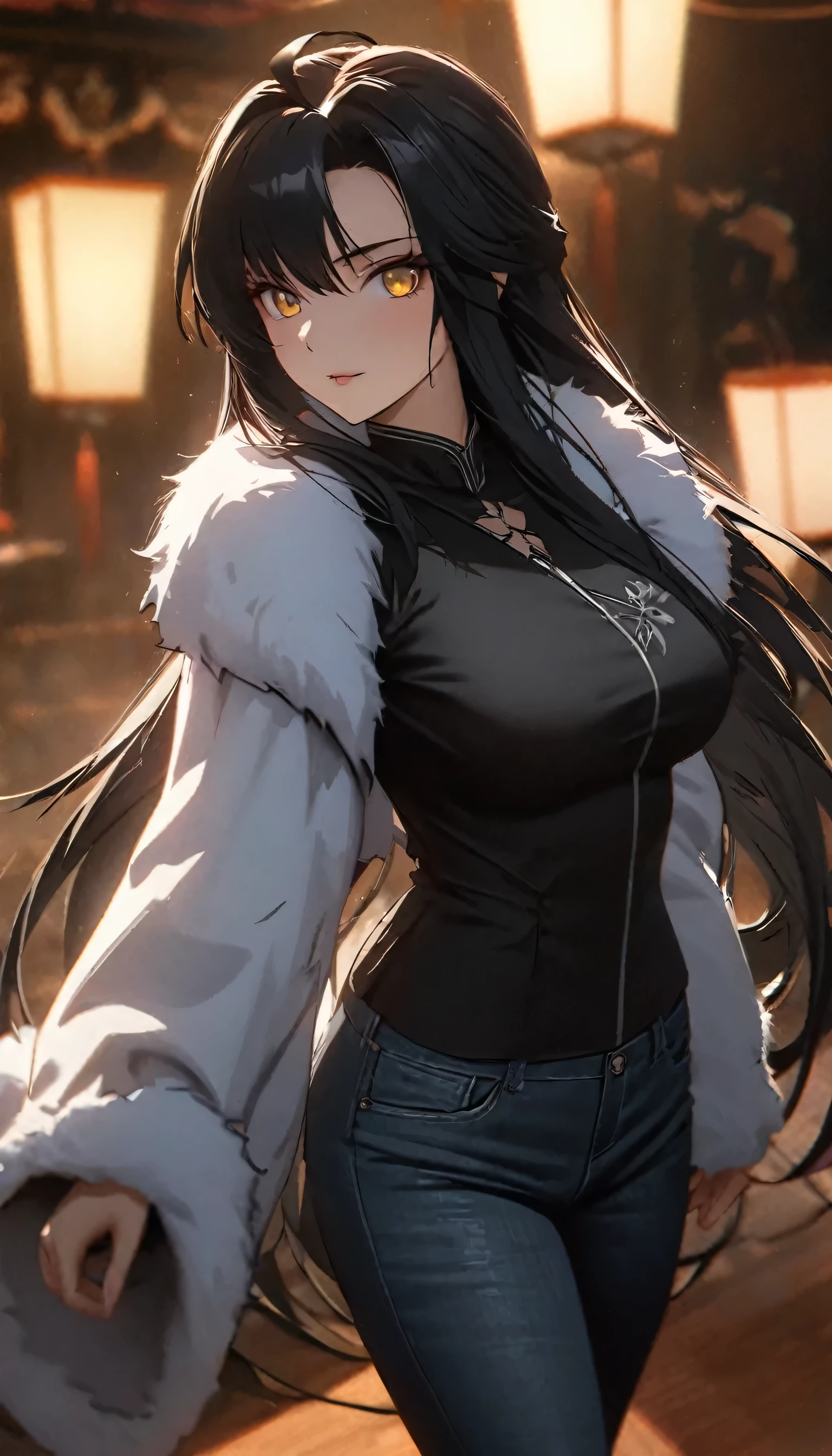 ((solo)), (woman), dark yellow eyes, black hair, long hair, straight hair, (mature), (adult), medium breasts, a close up of a person, detailed key anime art, casimir art, masamune shiro, masamune, beautiful girl in demon slayer art, heise jinyao, shadowverse style, (no logos), jeans pants, fur jacket, black shirt, expressive hair, white clothes, shiny hair, ahoge, bangs, depth of field, cinematic lighting, ray tracing, depth of field, cinematic lighting, ray tracing, UHD, high details, best quality, highres, high quality, award winning, super detail, masterpiece, 8k, UHD, high details, best quality, highres, high quality, award winning, super detail, masterpiece, 8k
