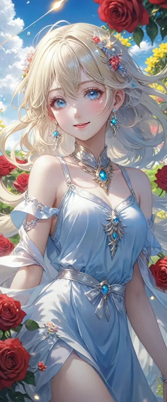 (art: 1.2), (best quality: 1.2) upper part of the body, posing frontally, standing, looking straight at the viewer, , 1 woman, mature, tall (1.85), appearing to have about 30 years old, dragon horns on the head, white dragon horns, silvery white hair, straight hair with bangs, silver eyes, extremely detailed eyes, perfect eyes, extremely realistic eyes, well-aligned eyes, long eyelashes, anime style, Face Perfect, milf face, full lips, smiling, mature, fair skin, natural body, sexy body, MILF body, perfect hands, detailed hands, hands well proportioned to the body, realistic hands, arms with good anatomy, she only wore a blue blouse navy blue with long sleeves in a noble European style that still could not hide the extremely large (tearing) and enormous breasts that drooped due to their size, thin waist, thin abdomen, thick thighs, wide hips, looking at the viewer, close-up scene background, set in a room of a European style castle, gold coins on the floor, treasures scattered around the room, posing alone looking at the viewer