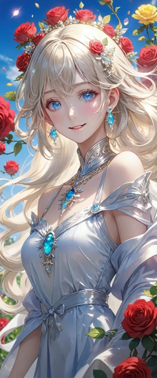 (masterpiece、Best Quality、8k、High resolution)、(1 female、Beautiful Face、Beautiful Eyes、Beautiful Lips)、smile、The upper white teeth are faintly visible、Silver blonde medium hair、(The best girl in anime)、garden、blue sky、Colorful flowers are blooming、Vibrant colors、Red roses are beautiful、(body、whole bodyから神秘的な光の粒子、Colorful light particles、A mysterious light shining around your head)、melt、jewelry、necklace、dress、(whole body)、High definition anime art、A complete portrayal、