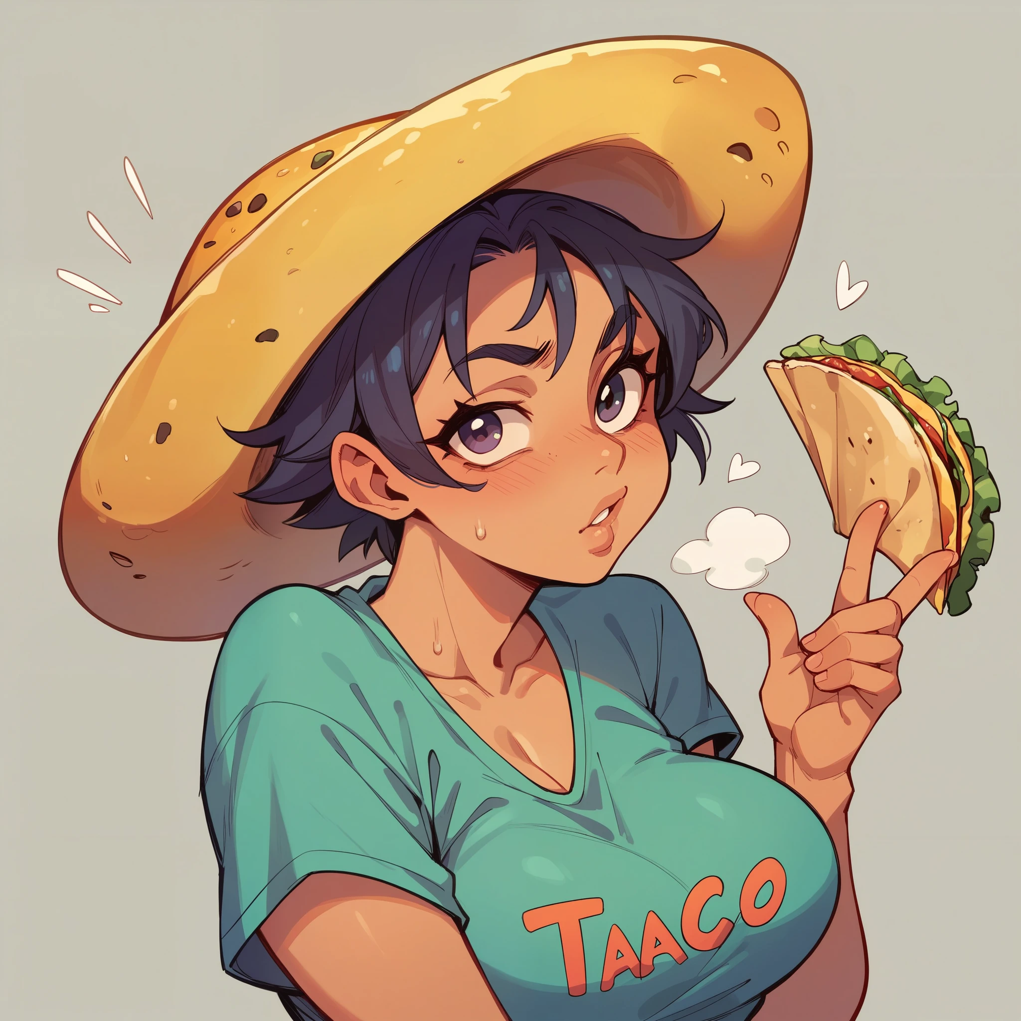 score_9, score_8_up, score_7_up, 1girl, Katara, exposed breasts, dark skinned female, shirt up, baseball cap, pizza delivery girl, pizza graphic on hat, upper body focus, abstract background, holding a pizza slice, smile,pizza graphic , wink, exposed midriff, red and white shirt