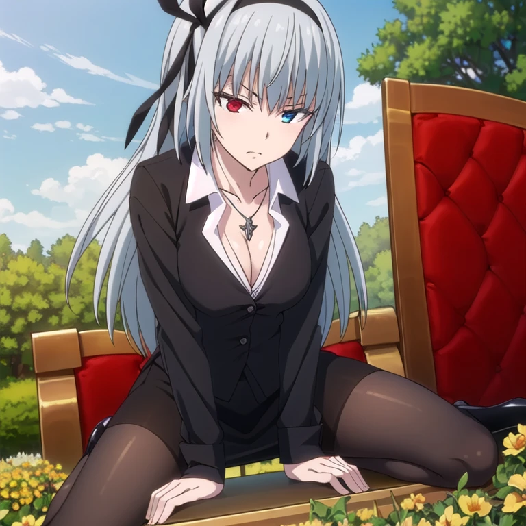 Full Body Shot,(masterpiece:1.2), Best Quality,((((High resolution)))), unity 8k wallpaper, (shape:0.8), (Highly detailed face), Perfect lighting, (((Extremely detailed CG))),(((1girl))),Alternate Costume,bangs,black Hairbands,black jacket,blue eyes,chair,collared shirt,Eyebrows visible through hair,Hair between the eyes,Hair Ribbon,Hairbands,Heterochromia,jacket,jewelry,Conclusion,Long Hair,looking at viewer,necklace,Open clothes,Red eyes,ribbon,shirt,Silver Hair,Alone,((襟付きの白いshirt)), (((blue sky))),(((Leaning forward))),(((garden))),(From below),(((Black pumps))),(((Black Pantyhose))),((Big Breasts)),(((Black pencil skirt))),(((Stiletto heels))),(((Pointed toe))),((Spread your legs)),White panties