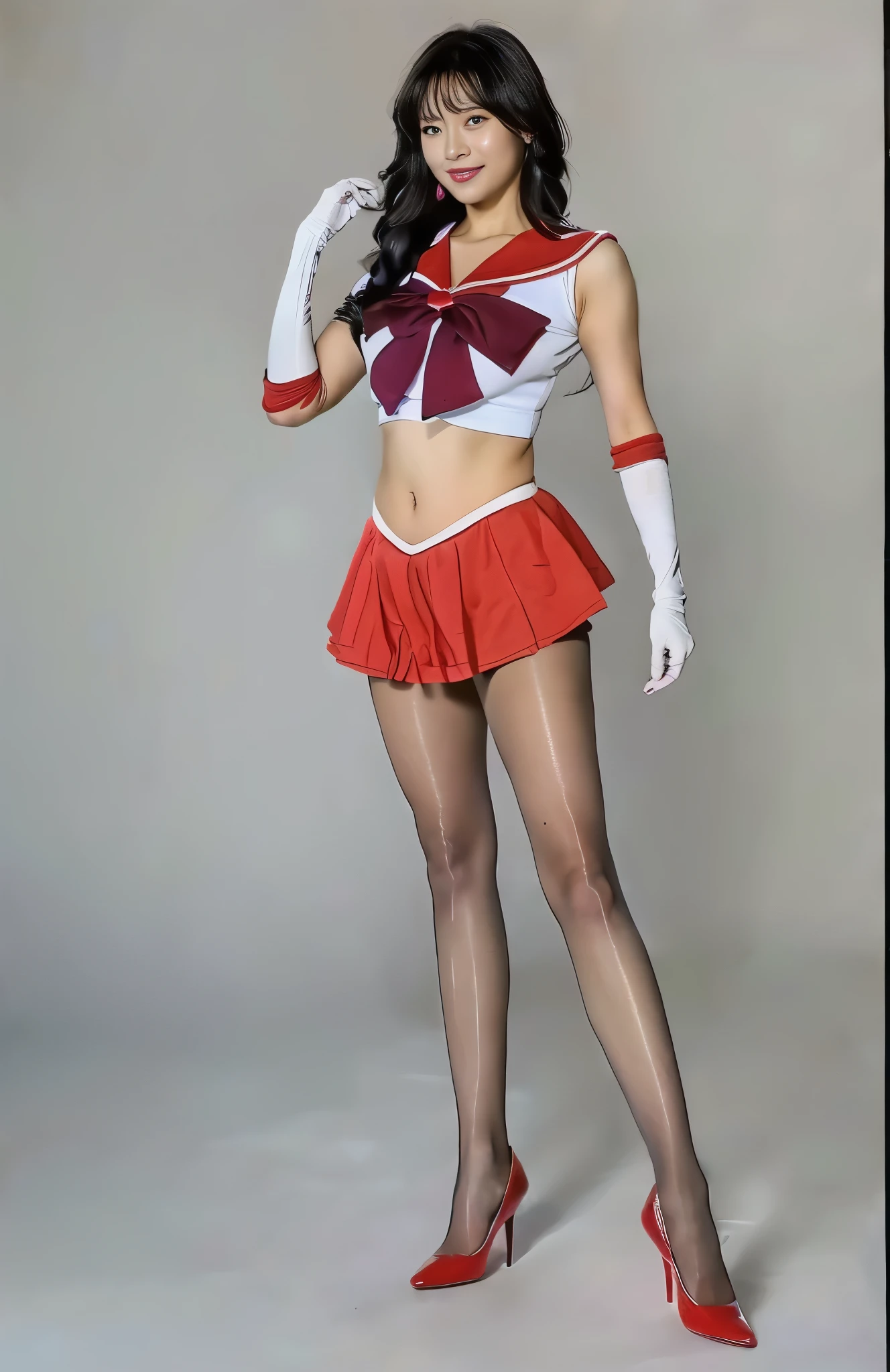 No background、(((Beautiful legs in tights.)))、(((Legally express the beauty of your smile)))、(((Wearing white gloves)))、((((Make the most of your original images)))、(((Sailor Mars Costume)))、(((Beautiful Hair)))、(((suffering)))、(((Please wear beige tights....、Please wear red heels)))、((Best Quality、8k))、((Best Quality、8k、masterpiece:1.3))、(((Save the background )))、Sharp focus:1.2、Beautiful woman with perfect figure:1.4、Slim Abs:1.2、Wet body:1.5、Highly detailed face and skin textures、8k