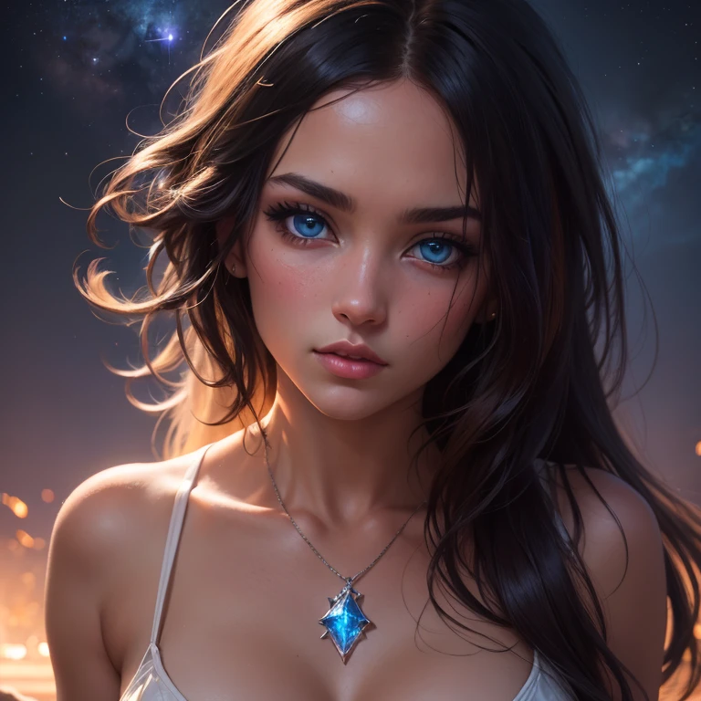 masterpiece, Super hot and gorgeous European women , Age 19, An eye for detail, Perfect Eyes, Detailed face, Same eyes, Glare, Rainbow, Global Illumination, Soft Light, Dream Light, Digital Painting, 8k, Fantasy, Night Sky, Performer, nebula, White Crystal, moonlight, Tranquility, summer, (8k:1.1)