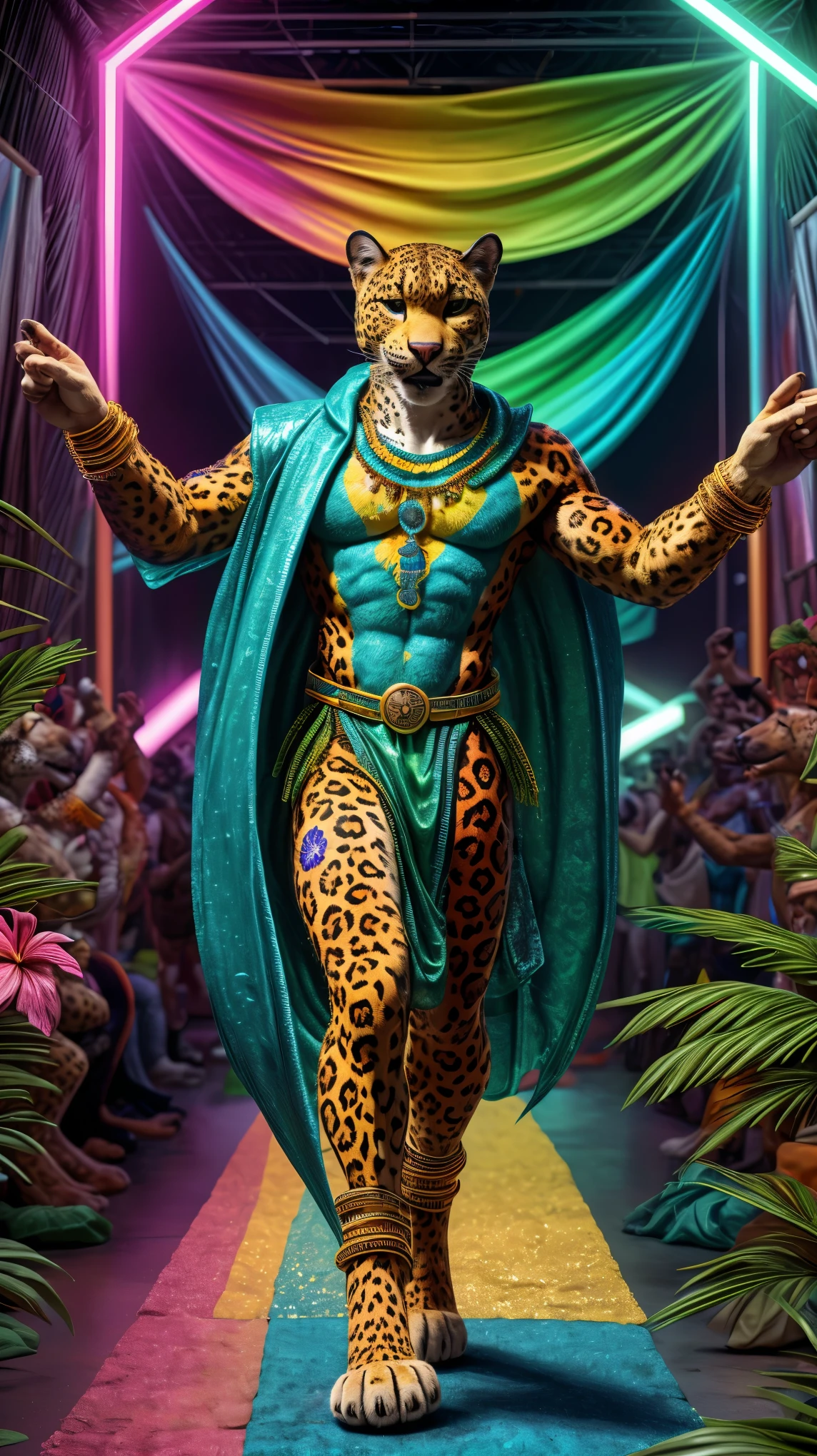 A majestic jaguar confidently struts down a vibrant catwalk, surrounded by a cheering audience. The jaguar has a shiny coat, with characteristic spots in shades of yellow and black, standing out under the catwalk lights. He wears a colorful costume inspired by Brazilian traditions, adorned with colorful feathers and fabrics that reflect Carnival culture, including green, yellow and blue, symbolizing the Brazilian flag. The setting is festive, with tropical decor in the background, including palm trees and exotic flowers, creating a happy and vibrant atmosphere. The lighting is soft and warm, highlighting the jaguar's beauty and impressive outfit.