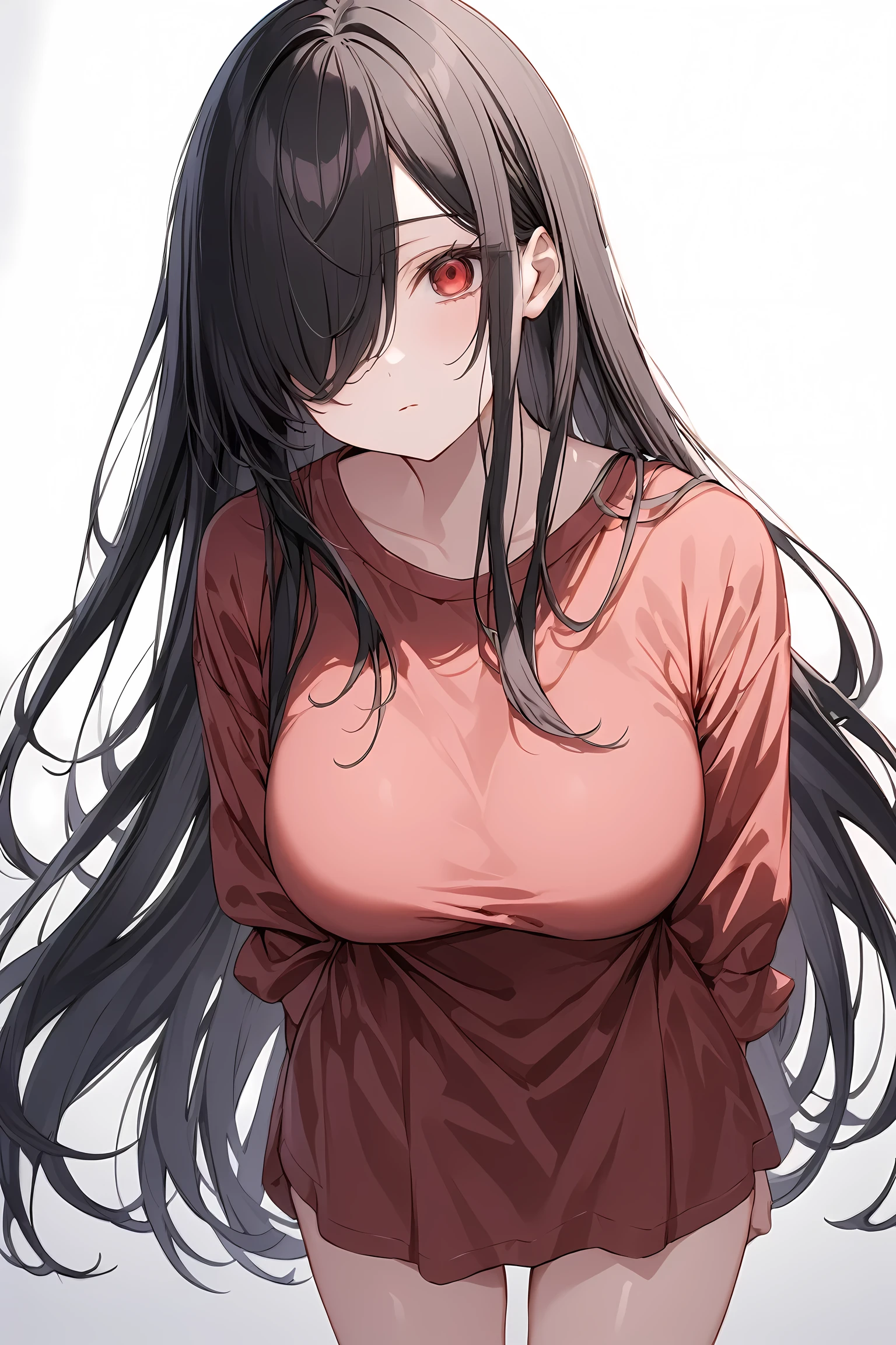 Cowboy Shot, 1girl, Solo, Looking at viewer, Shy, Cute, Red Eyes, Empty Eyes, Expressionless Eyes, Black Hair, Very Long Hair, Straight Hair, ((Hair Over One Eye, Swept Bangs:1.5)), Petite, Large breasts, Pale Skinned, Slender, Curvy, (Red oversized shirt, Thighs), Standing, White Background, Simple Background, Cinematic Lighting, Masterpiece, 4K, Best Quality, High Resolution, Accurate, Award Winning, (SuperQuality:1.0) ~ (SuperQuality:1.2)