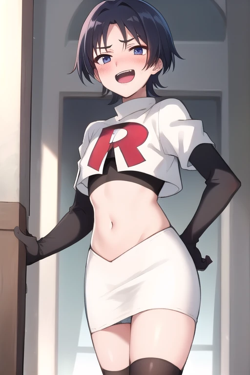 absurdres,masterpiece, trap, best quality, highres, high quality, 1boy, solo, male focus, hair, crossdressing,1boy,team rocket,team rocket uniform,white skirt,red letter R,crop top,black thigh-highs,black elbow gloves, evil laugh, blush