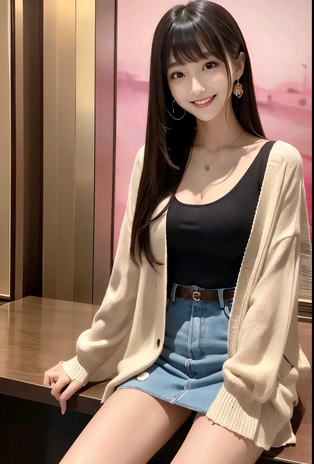 A close up of a woman sitting on a table with a purse - SeaArt AI