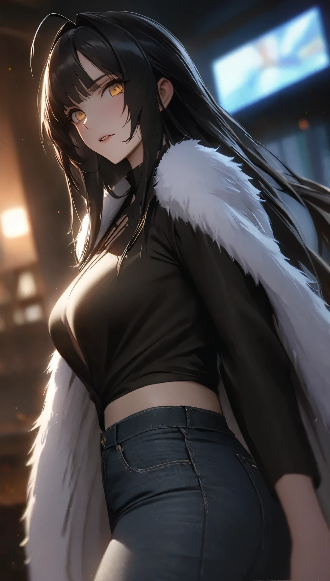 ((solo)), (woman), dark yellow eyes, black hair, long hair, straight hair, (mature), (adult), medium breasts, a close up of a person, detailed key anime art, casimir art, masamune shiro, masamune, beautiful girl in demon slayer art, heise jinyao, shadowverse style, (no logos), jeans pants, fur jacket, black shirt, expressive hair, white clothes, shiny hair, ahoge, bangs, depth of field, cinematic lighting, ray tracing, depth of field, cinematic lighting, ray tracing, UHD, high details, best quality, highres, high quality, award winning, super detail, masterpiece, 8k, UHD, high details, best quality, highres, high quality, award winning, super detail, masterpiece, 8k
