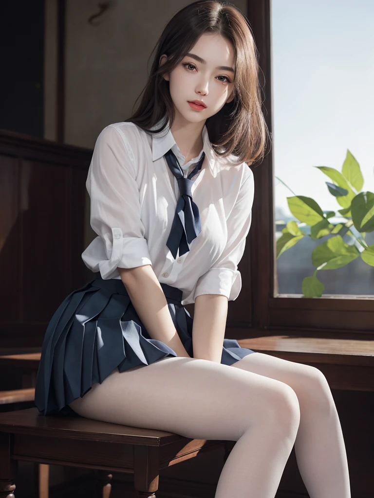 Realistic、Long legs、full、feminine、White shirt、mini skirt、High heels,Very delicate face,Realistic lighting and shading, (an extremely delicate and beautifull art)1.3, elegant,Dramatic Shadows、Very detailed。high quality、High resolution、born、超A high resolution、Ultra-detailed、(extremely delicate and beautifull)、Very detailed、True Shadow,From below、((Sexy panties:1.15))、((Spread your legs wide:1.45))
