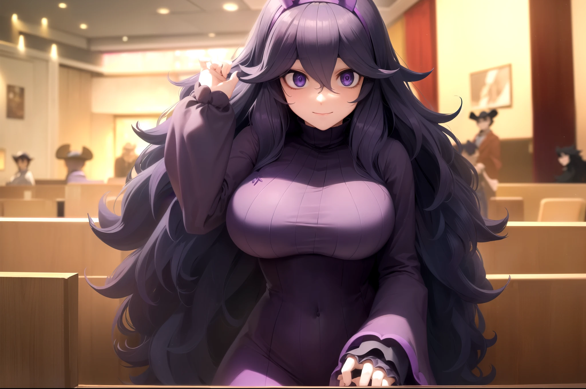 Hexmaniac、(hex maniac:1.5)、Hairbands、Disheveled Hair、(Purple Eyes:1.1)、Purple Hair、Purple Hairbands、@@、Open your mouth、 BREAK Black Dress、one piece、Long Dress、Long sleeve、Juliet Sleeve、 BREAK Viewer、Upper Body、whole body、(Cowboy Shot:1.5)、 Indoor rest、library、 break(Representative works:1.2)、Best Quality、High resolution、unified 8k wallpaper、(Illustration:0.8)、(Beautiful detailed eyes:1.6)、Highly detailed face、Perfect lighting、Highly detailed CG、(Perfect hands、Perfect Anatomy)、