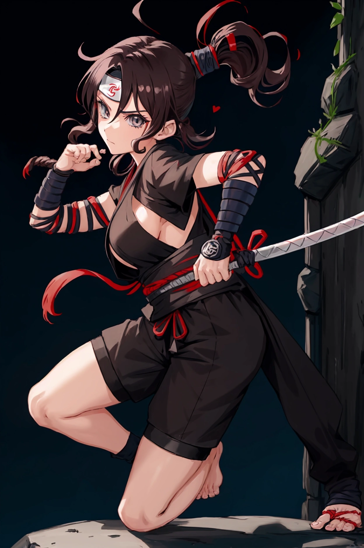 Daisy Ridley age 25, sexy ninja outfit (over exposed, safe for work), dramatic pose, ninja weapons, sneaking up on her target in his bedroom, show her entire body